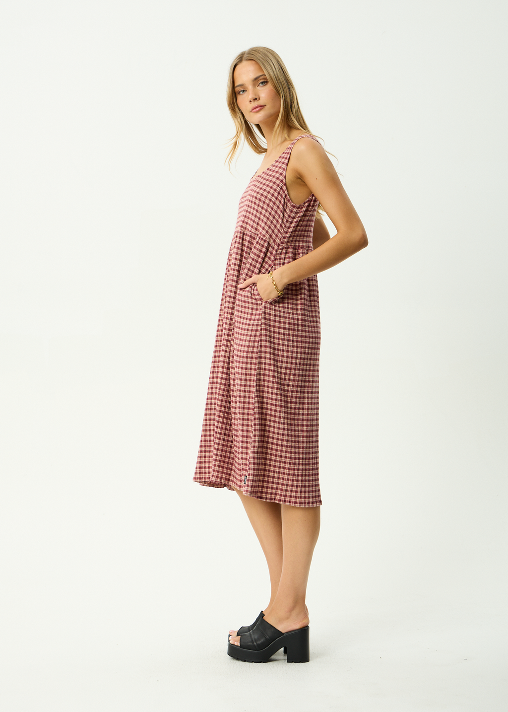 AFENDS Womens Capricorn - Hemp Seersucker Midi Dress - Burgundy / Beige Check