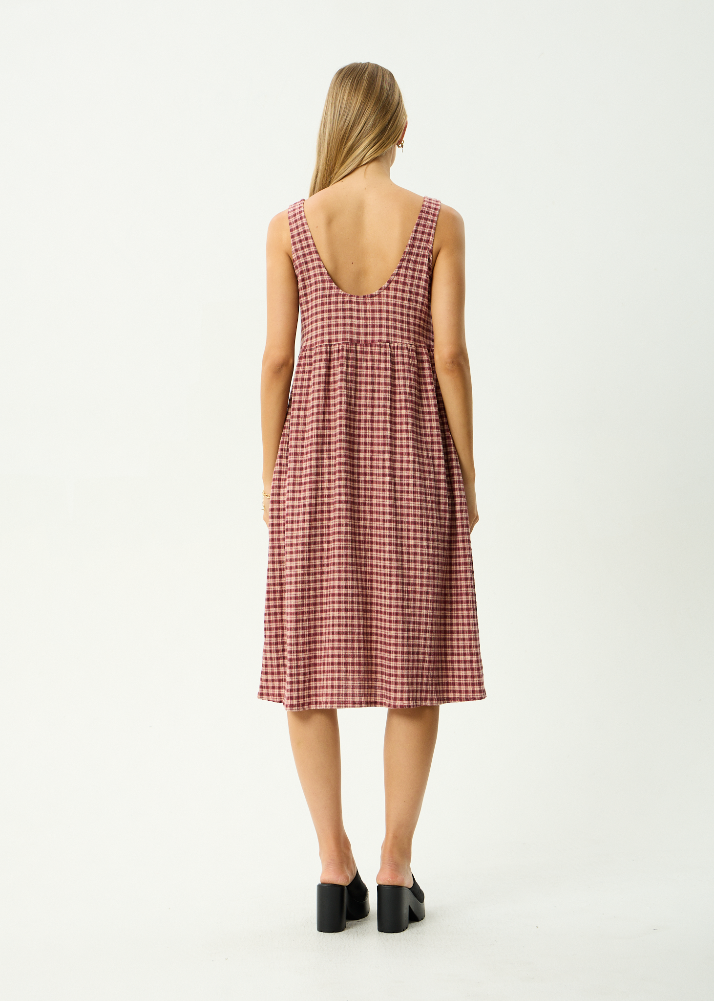 AFENDS Womens Capricorn - Hemp Seersucker Midi Dress - Burgundy / Beige Check