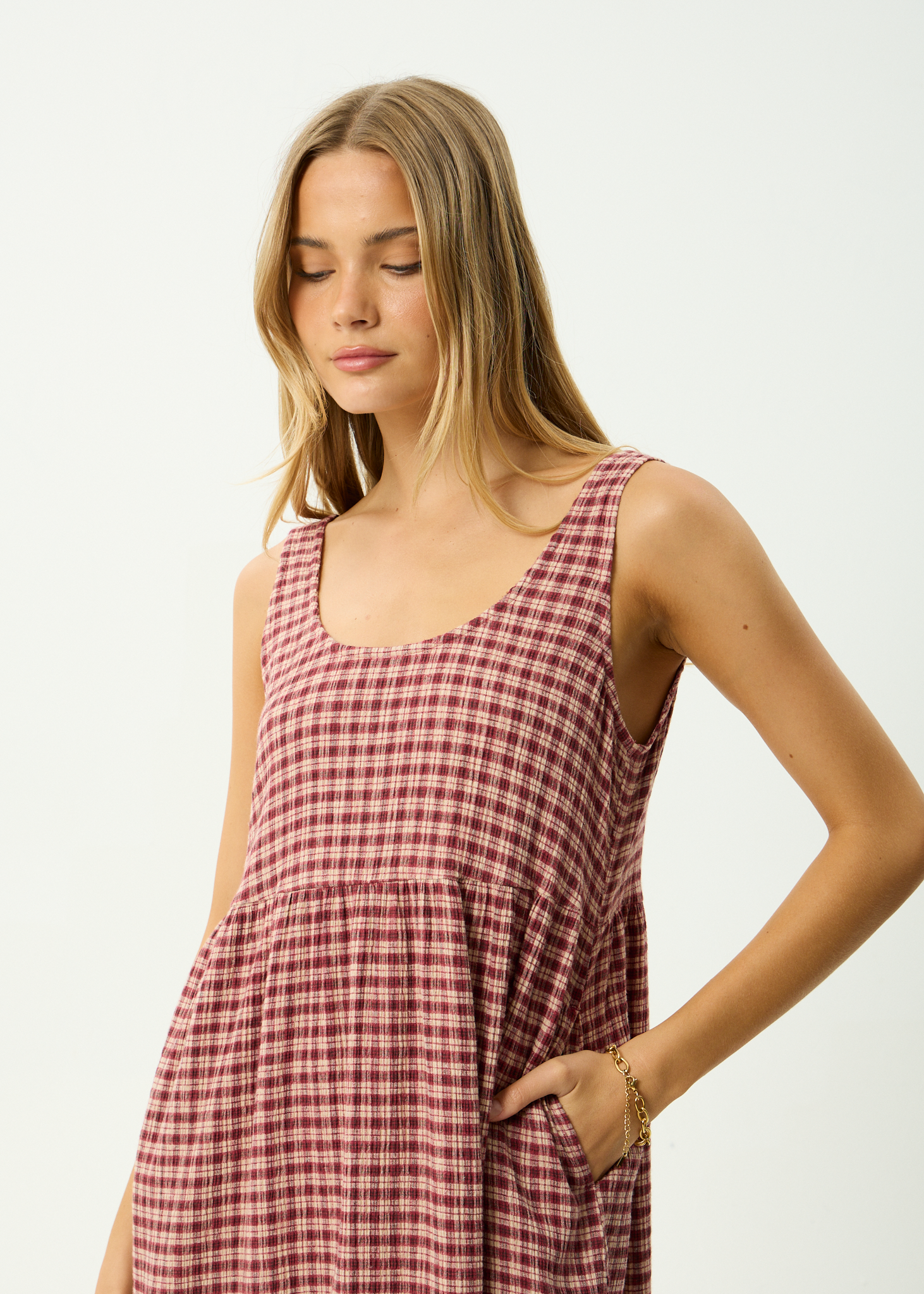 AFENDS Womens Capricorn - Hemp Seersucker Midi Dress - Burgundy / Beige Check