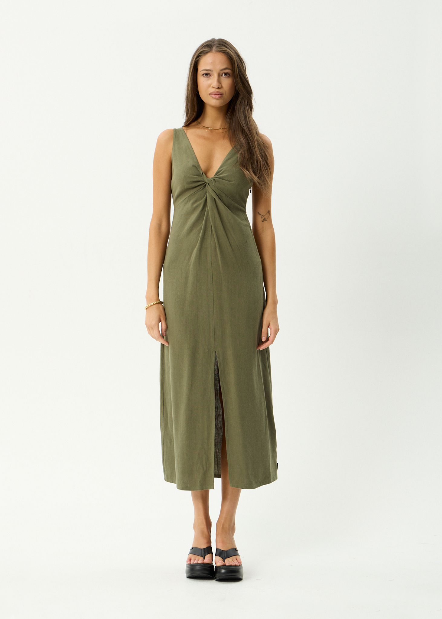 AFENDS Womens Halle - Linen Maxi Dress - Deep Olive