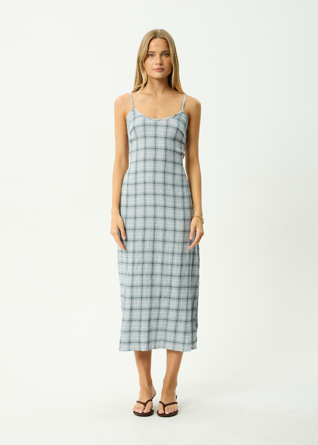 AFENDS Womens Lagoon - Hemp Seersucker Midi Dress - Overcast Check