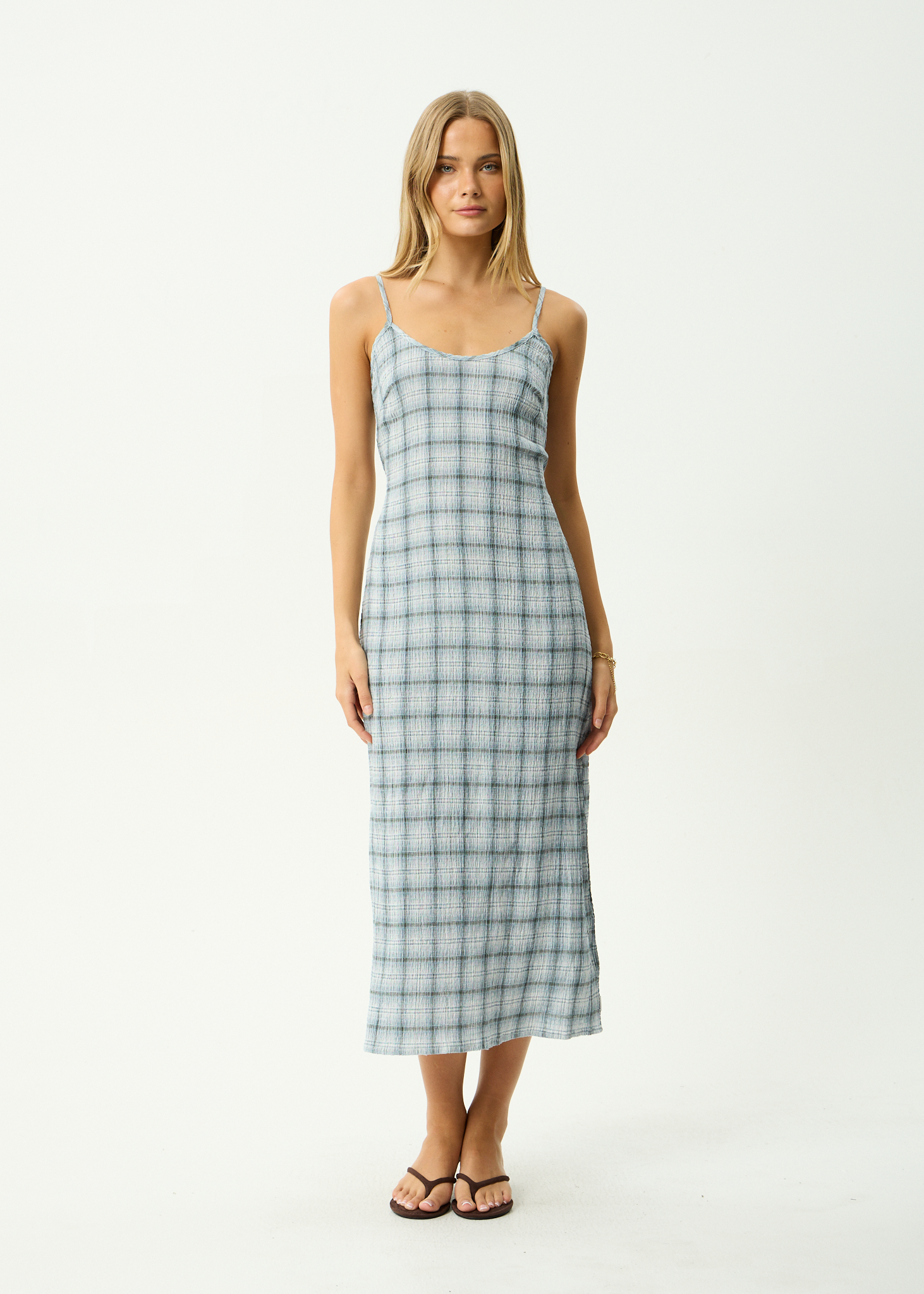 AFENDS Womens Lagoon - Hemp Seersucker Midi Dress - Overcast Check