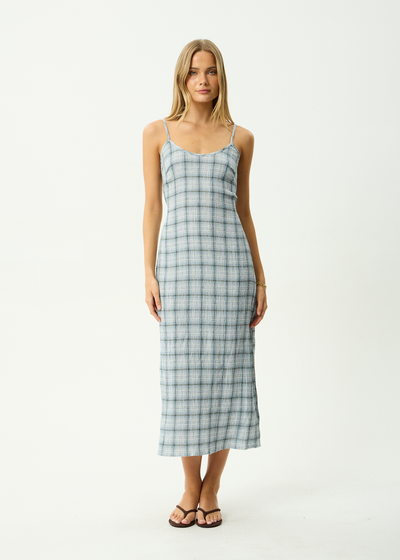 AFENDS Womens Lagoon - Hemp Seersucker Midi Dress - Overcast Check