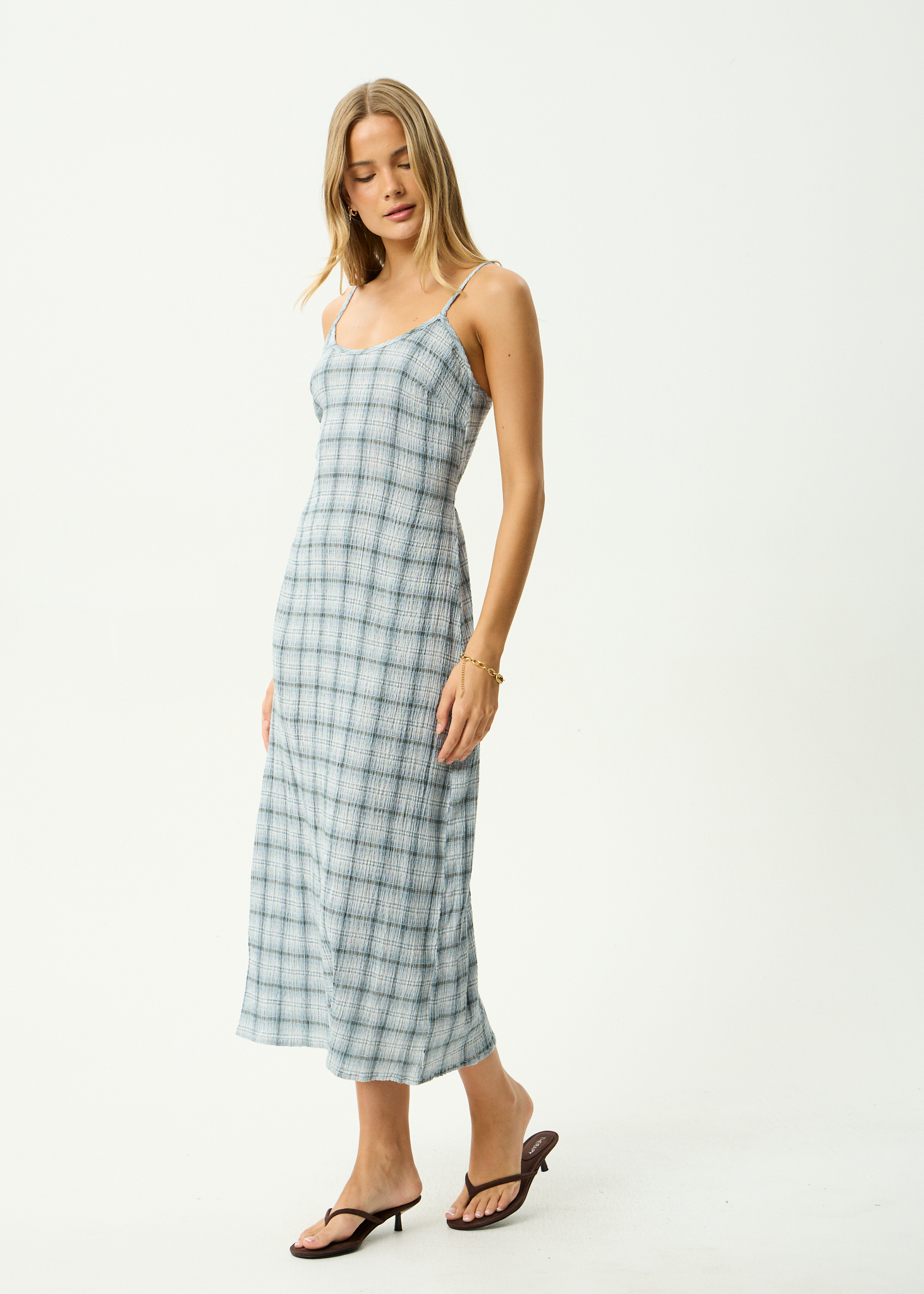 AFENDS Womens Lagoon - Hemp Seersucker Midi Dress - Overcast Check