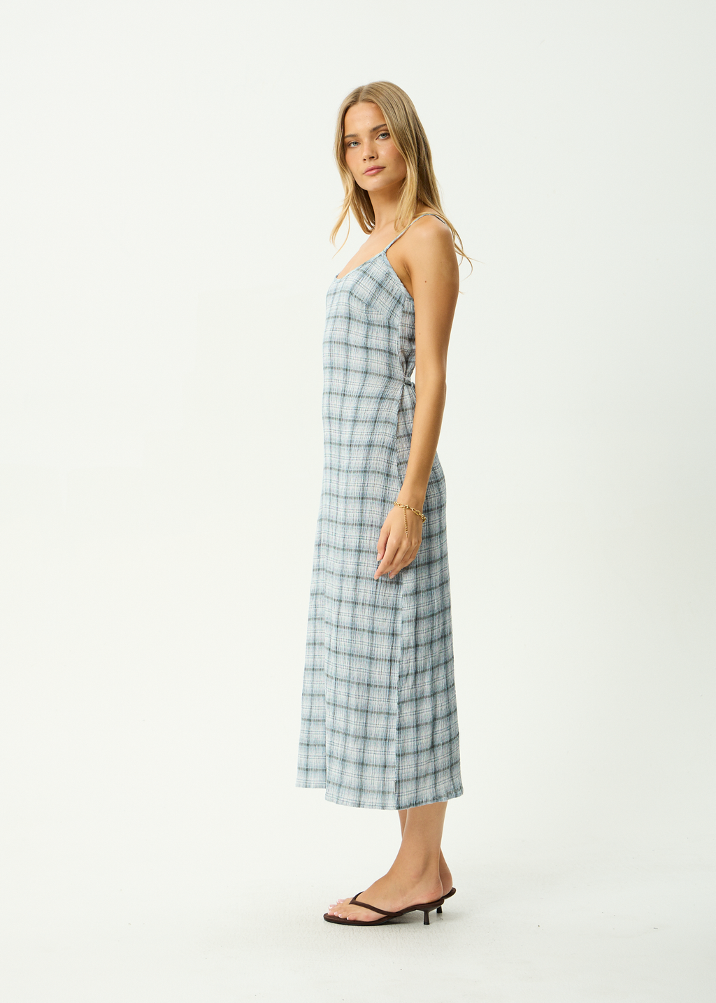 AFENDS Womens Lagoon - Hemp Seersucker Midi Dress - Overcast Check