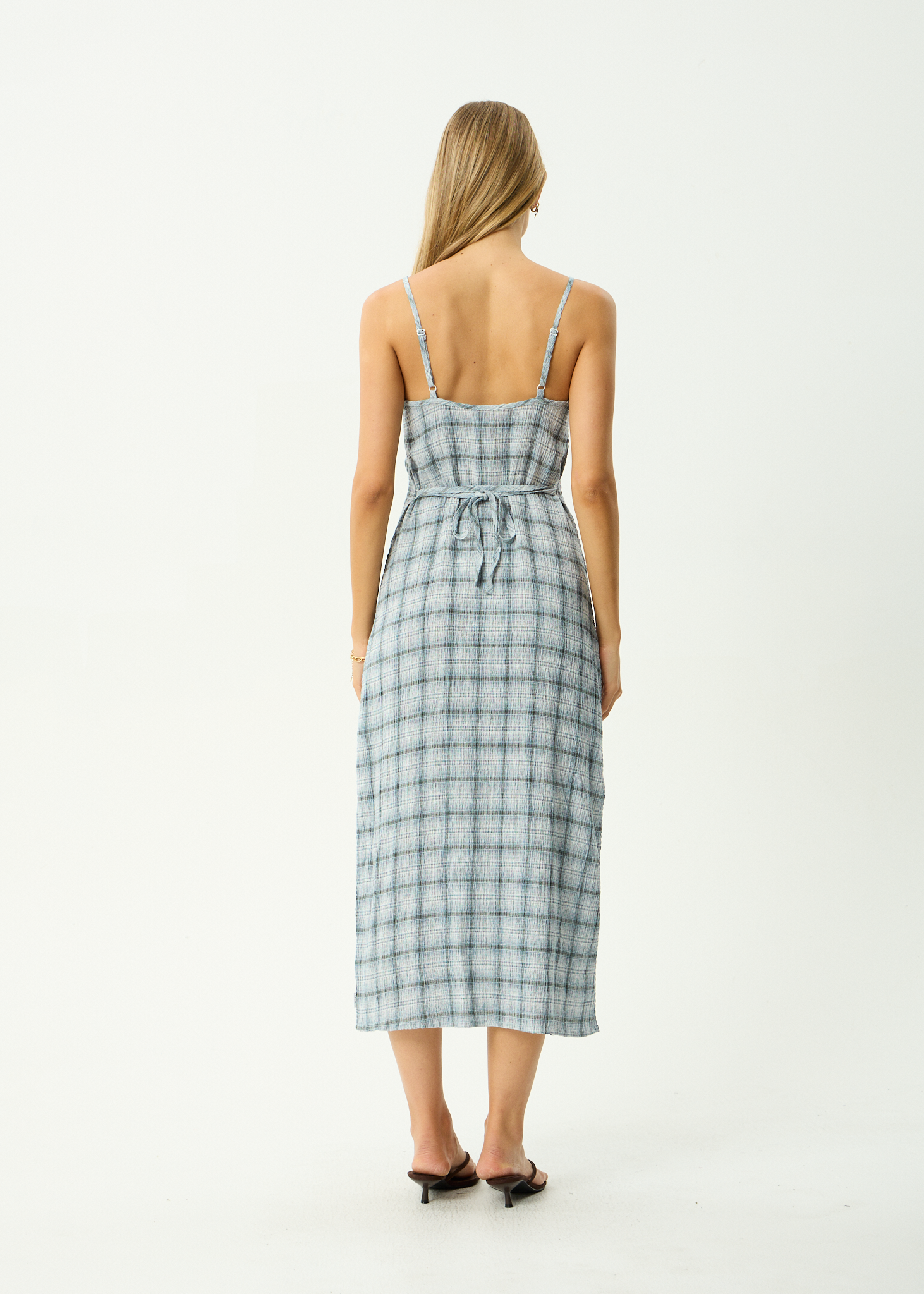 AFENDS Womens Lagoon - Hemp Seersucker Midi Dress - Overcast Check