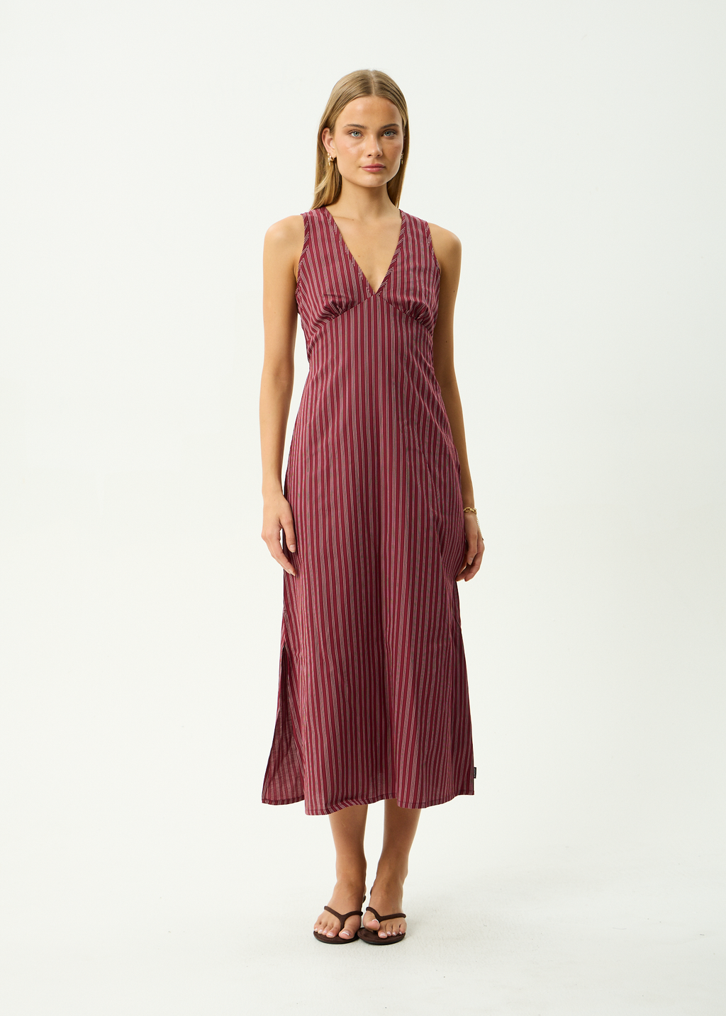 AFENDS Womens Ledger - Recycled Maxi Dress - Burgundy Stripe