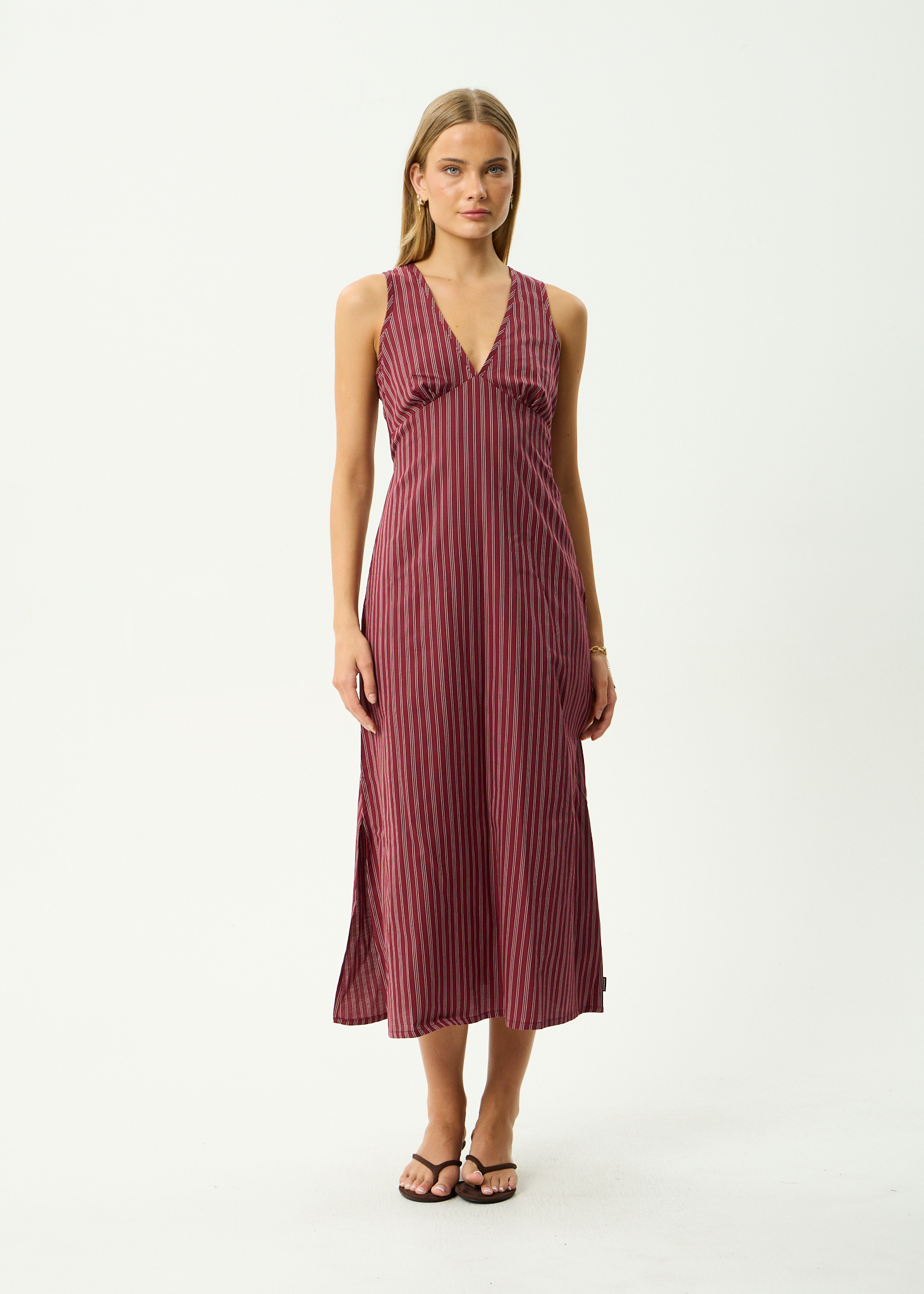 AFENDS Womens Ledger - Recycled Maxi Dress - Burgundy Stripe