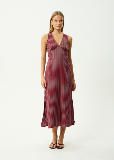 AFENDS Womens Ledger - Recycled Maxi Dress - Burgundy Stripe