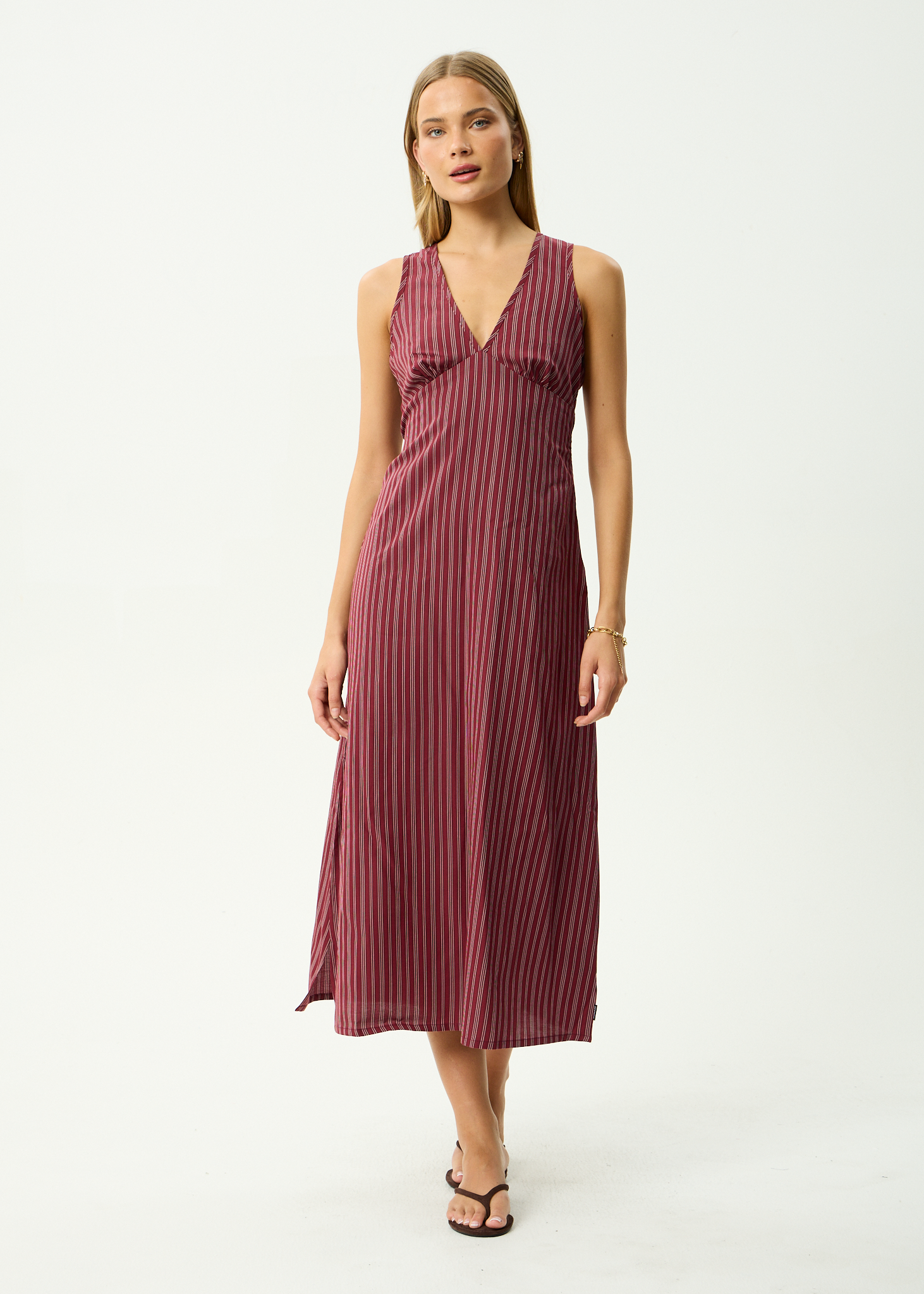 AFENDS Womens Ledger - Recycled Maxi Dress - Burgundy Stripe