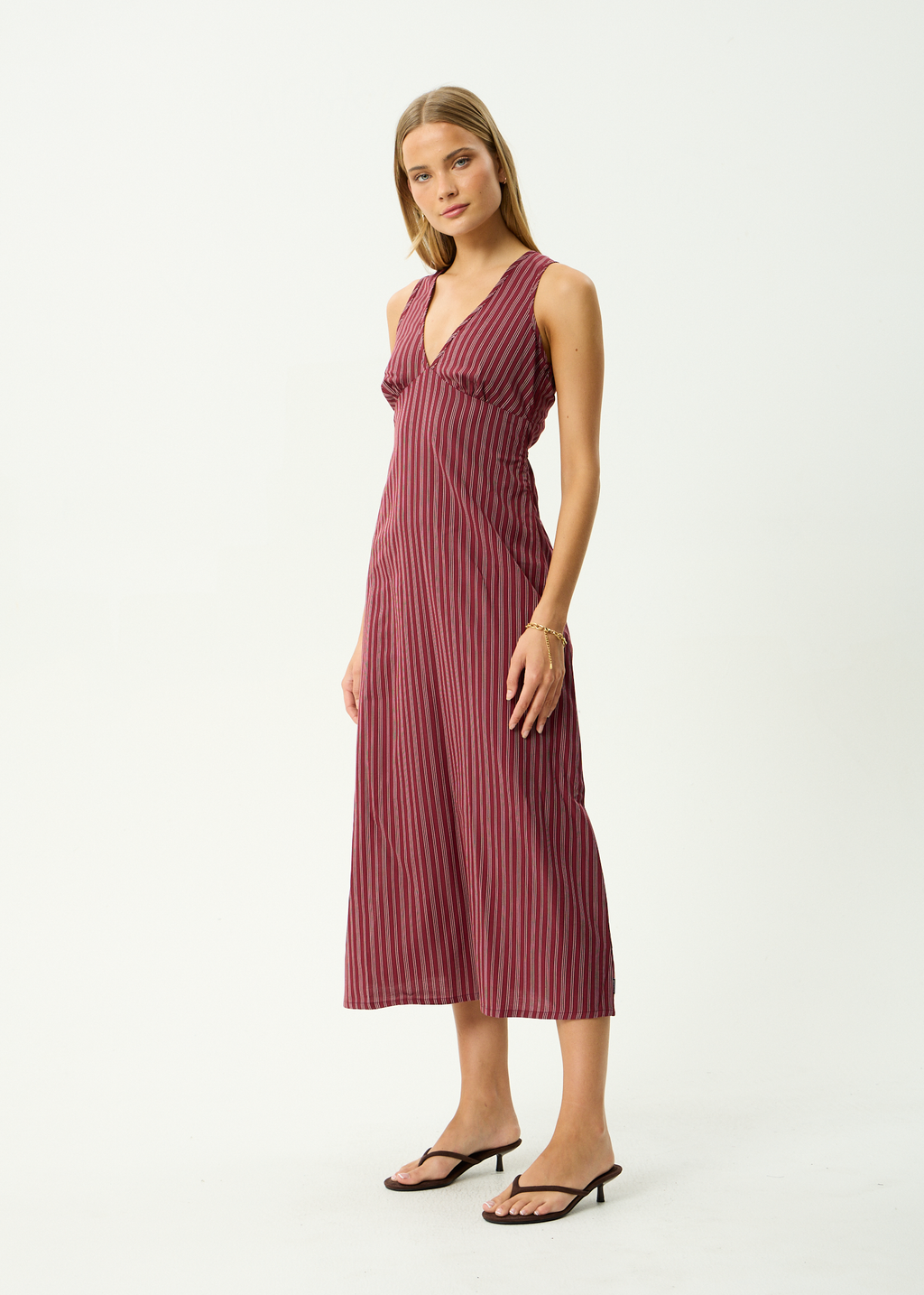 AFENDS Womens Ledger - Recycled Maxi Dress - Burgundy Stripe