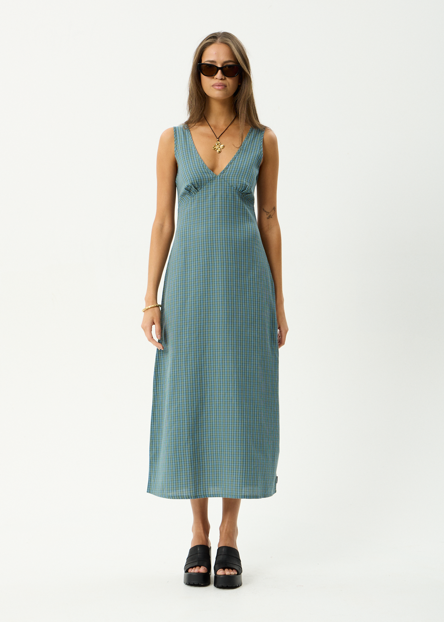 AFENDS Womens Tully - Seersucker Maxi Dress - Base Deep Green Check AFENDS Womens Tully - Seersucker Maxi Dress - Base Deep Green Check