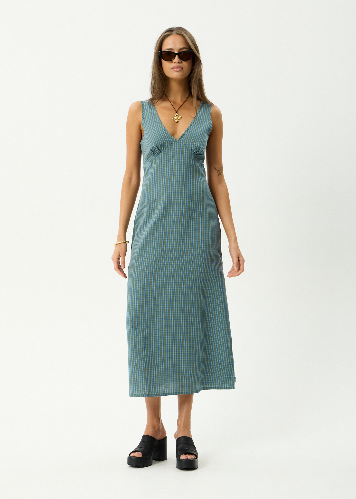 AFENDS Womens Voyager - Recycled Maxi Dress - Deep Olive Check