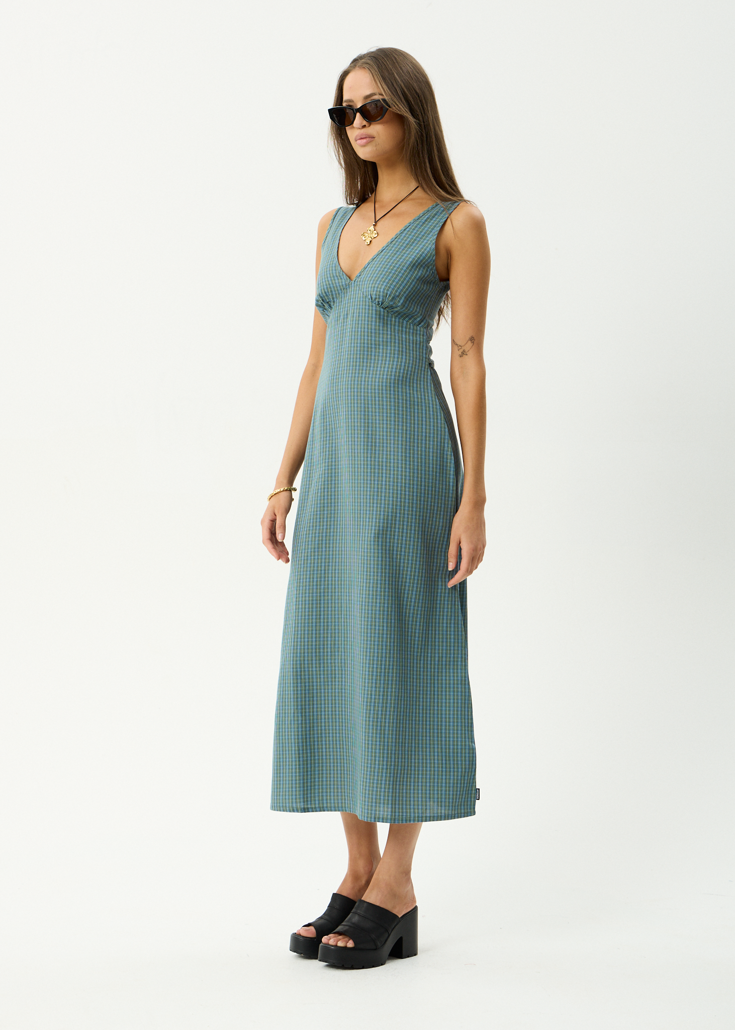 AFENDS Womens Voyager - Recycled Maxi Dress - Deep Olive Check