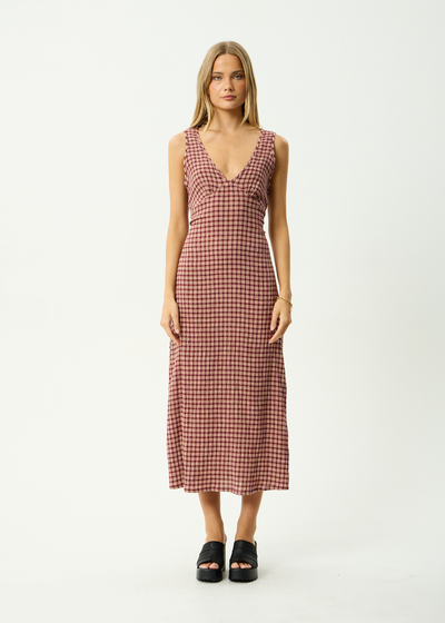 AFENDS Womens Capricorn Tully - Hemp Seersucker Maxi Dress - Burgundy / Beige Check