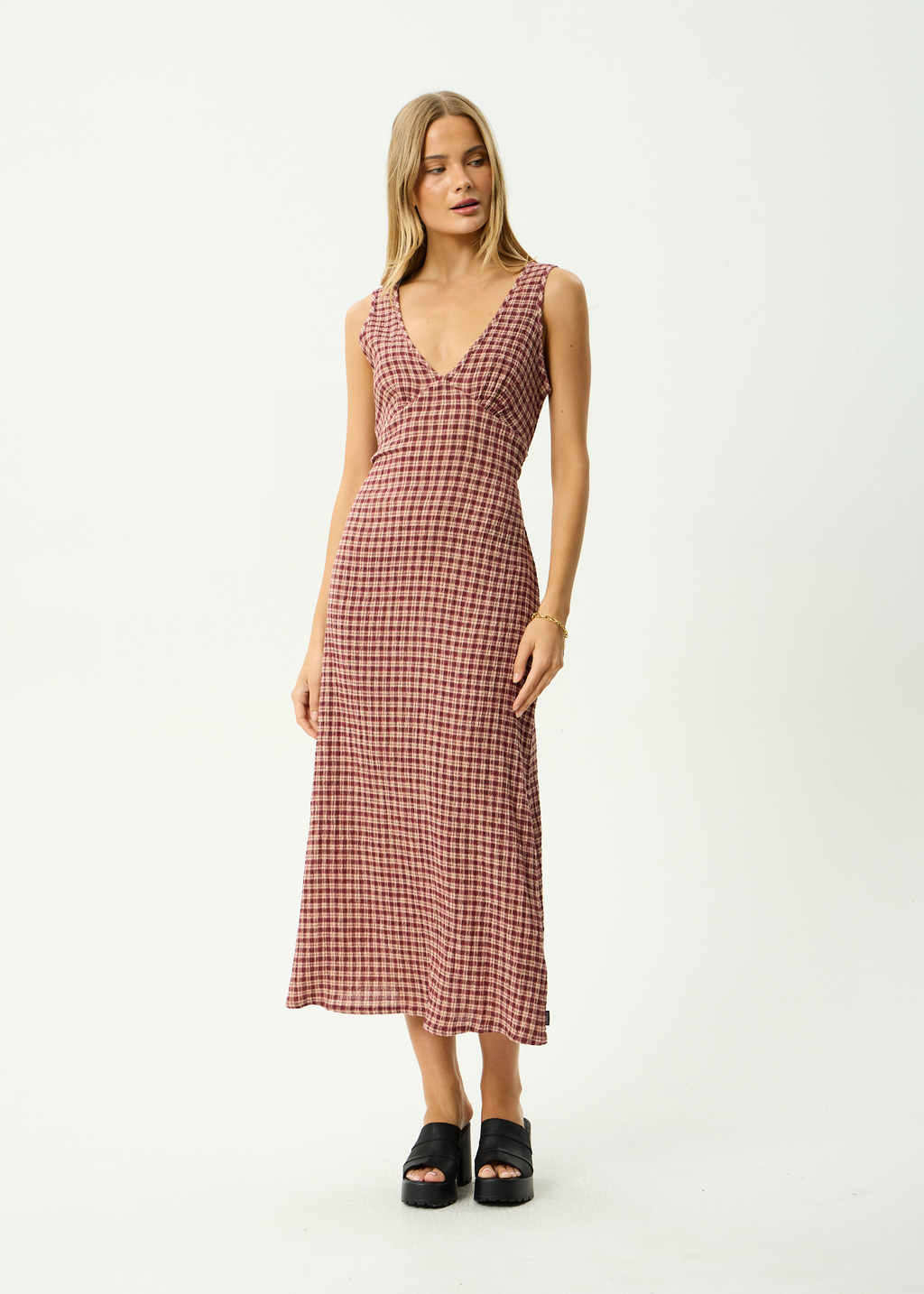 AFENDS Womens Capricorn Tully - Hemp Seersucker Maxi Dress - Burgundy / Beige Check