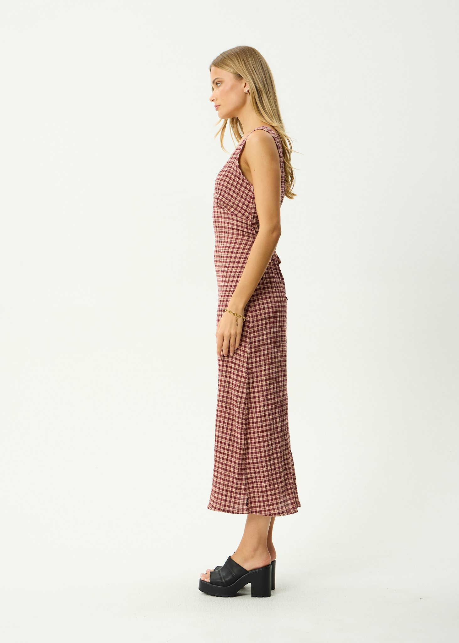 AFENDS Womens Capricorn Tully - Hemp Seersucker Maxi Dress - Burgundy / Beige Check