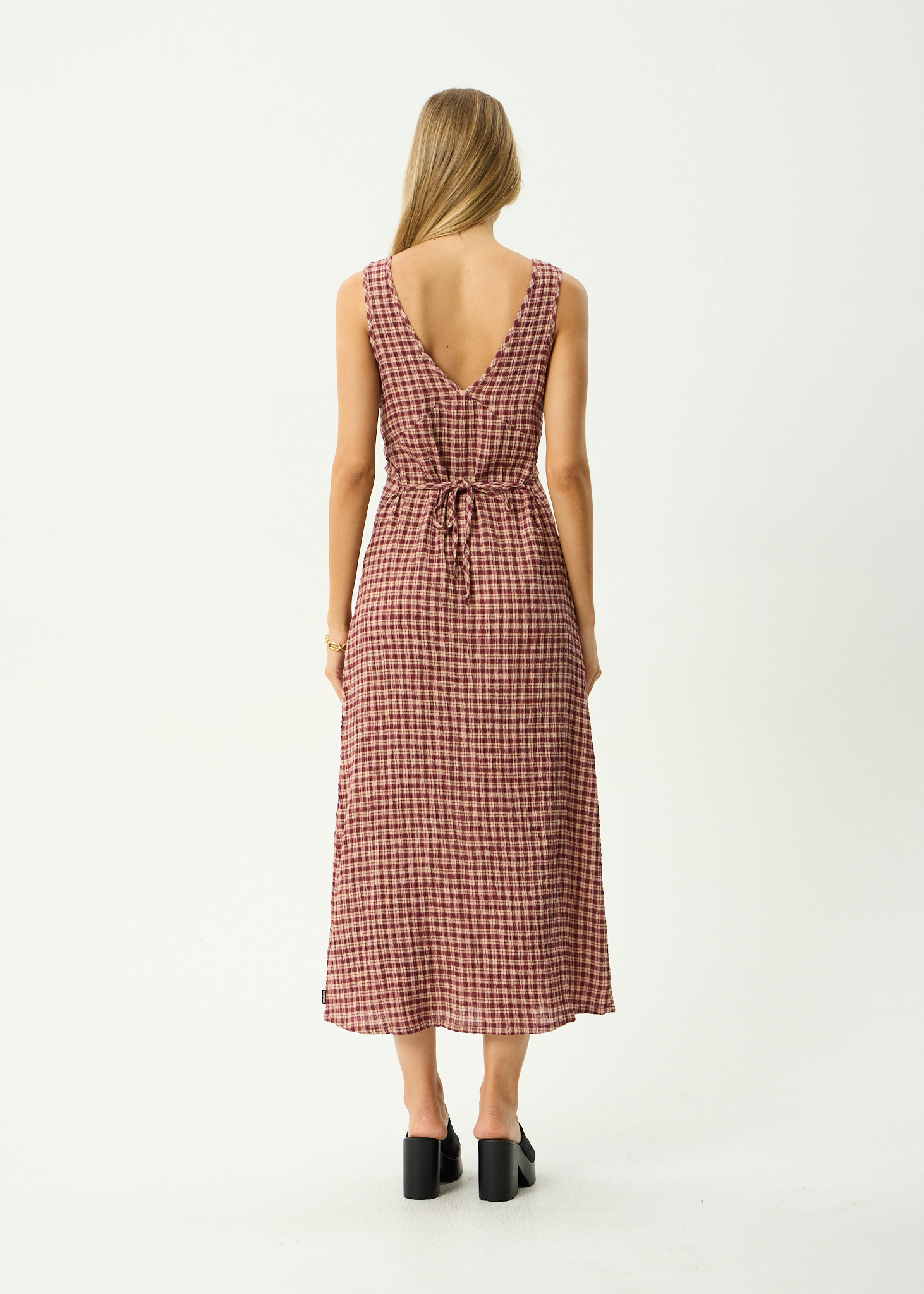AFENDS Womens Capricorn Tully - Hemp Seersucker Maxi Dress - Burgundy / Beige Check