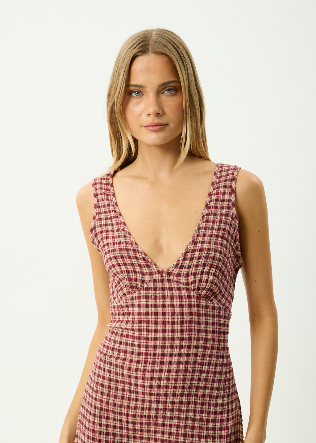 AFENDS Womens Capricorn Tully - Hemp Seersucker Maxi Dress - Burgundy / Beige Check