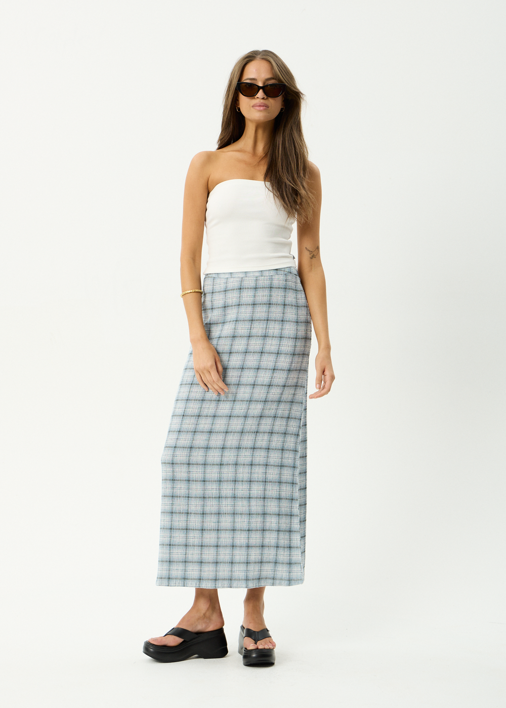 AFENDS Womens Lagoon - Hemp Seersucker Maxi Skirt - Overcast Check