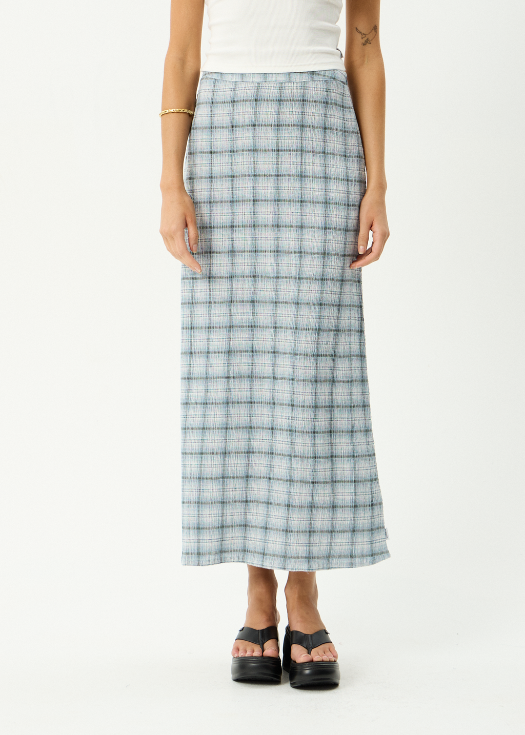 AFENDS Womens Lagoon - Hemp Seersucker Maxi Skirt - Overcast Check