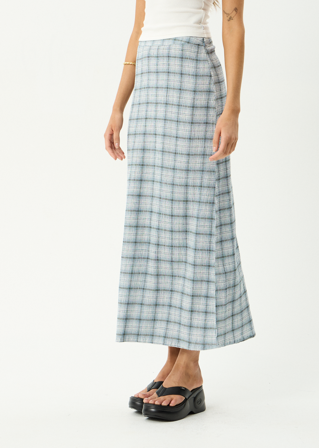 AFENDS Womens Lagoon - Hemp Seersucker Maxi Skirt - Overcast Check