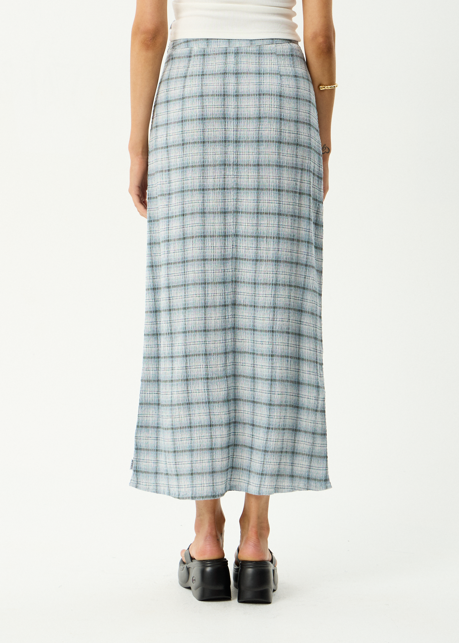AFENDS Womens Lagoon - Hemp Seersucker Maxi Skirt - Overcast Check