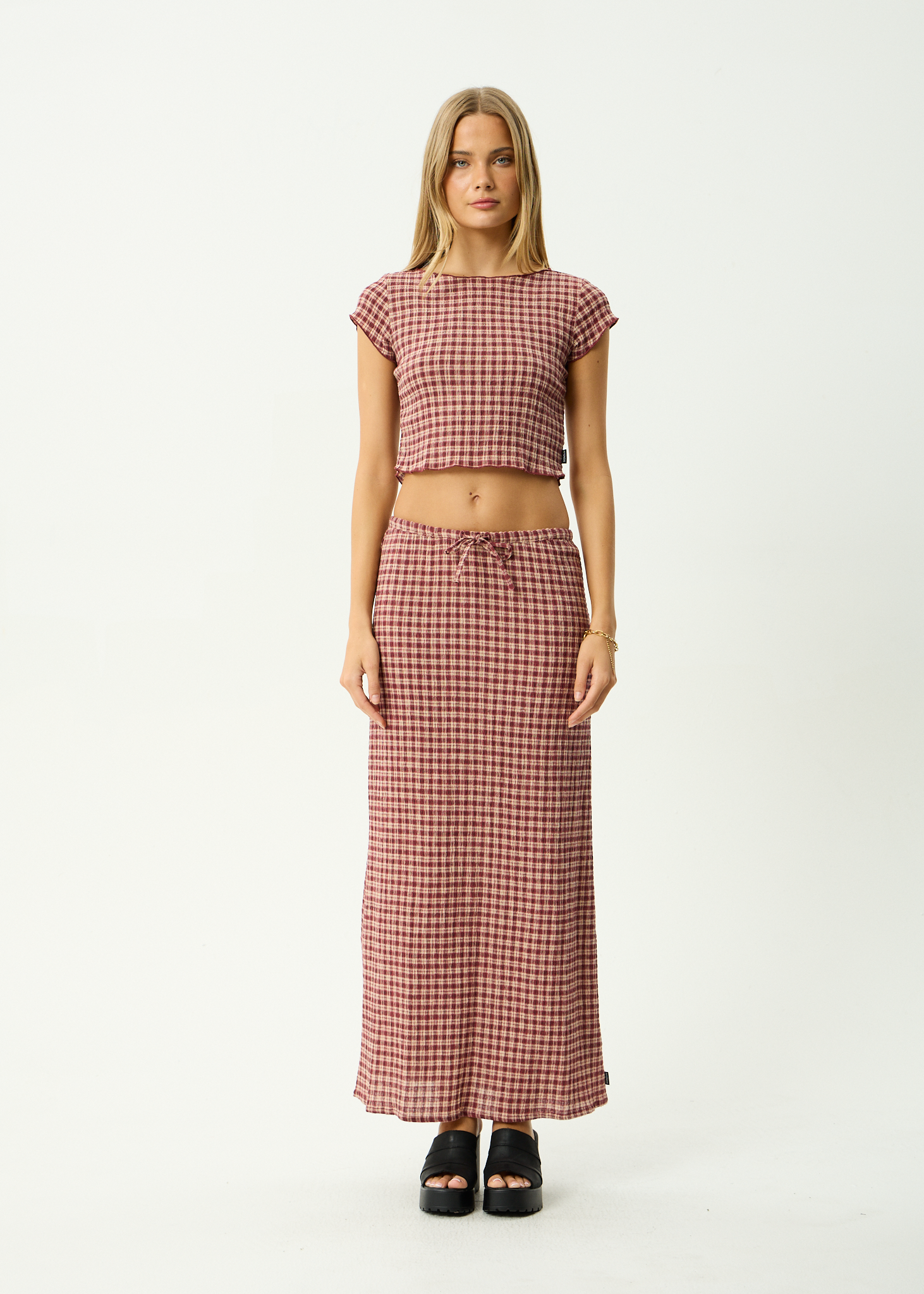 AFENDS Womens Capricorn - Hemp Seersucker Maxi Skirt - Burgundy / Beige Check
