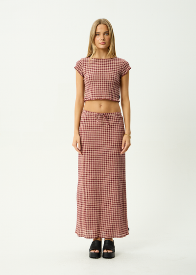 AFENDS Womens Capricorn - Hemp Seersucker Maxi Skirt - Burgundy / Beige Check