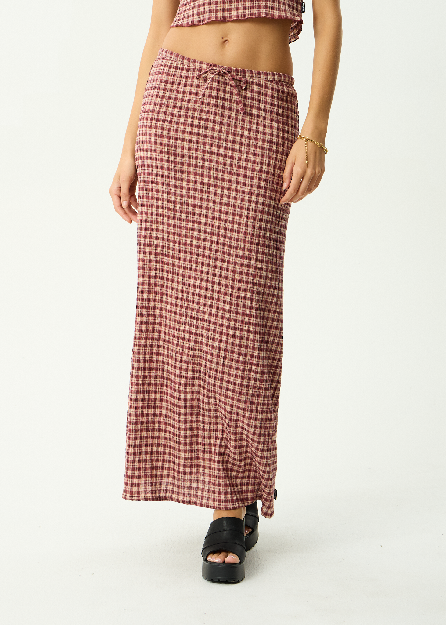 AFENDS Womens Capricorn - Hemp Seersucker Maxi Skirt - Burgundy / Beige Check