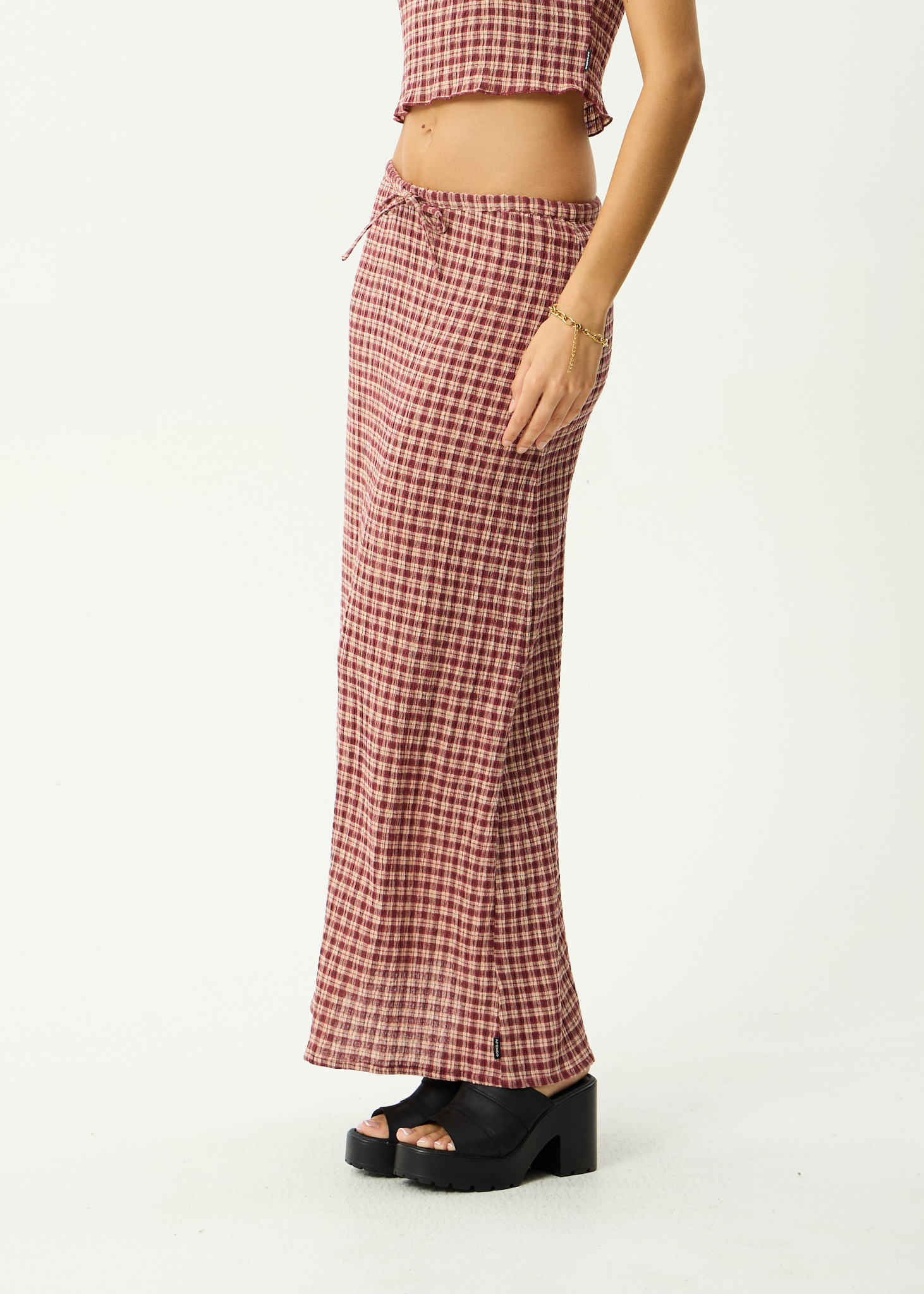 AFENDS Womens Capricorn - Hemp Seersucker Maxi Skirt - Burgundy / Beige Check