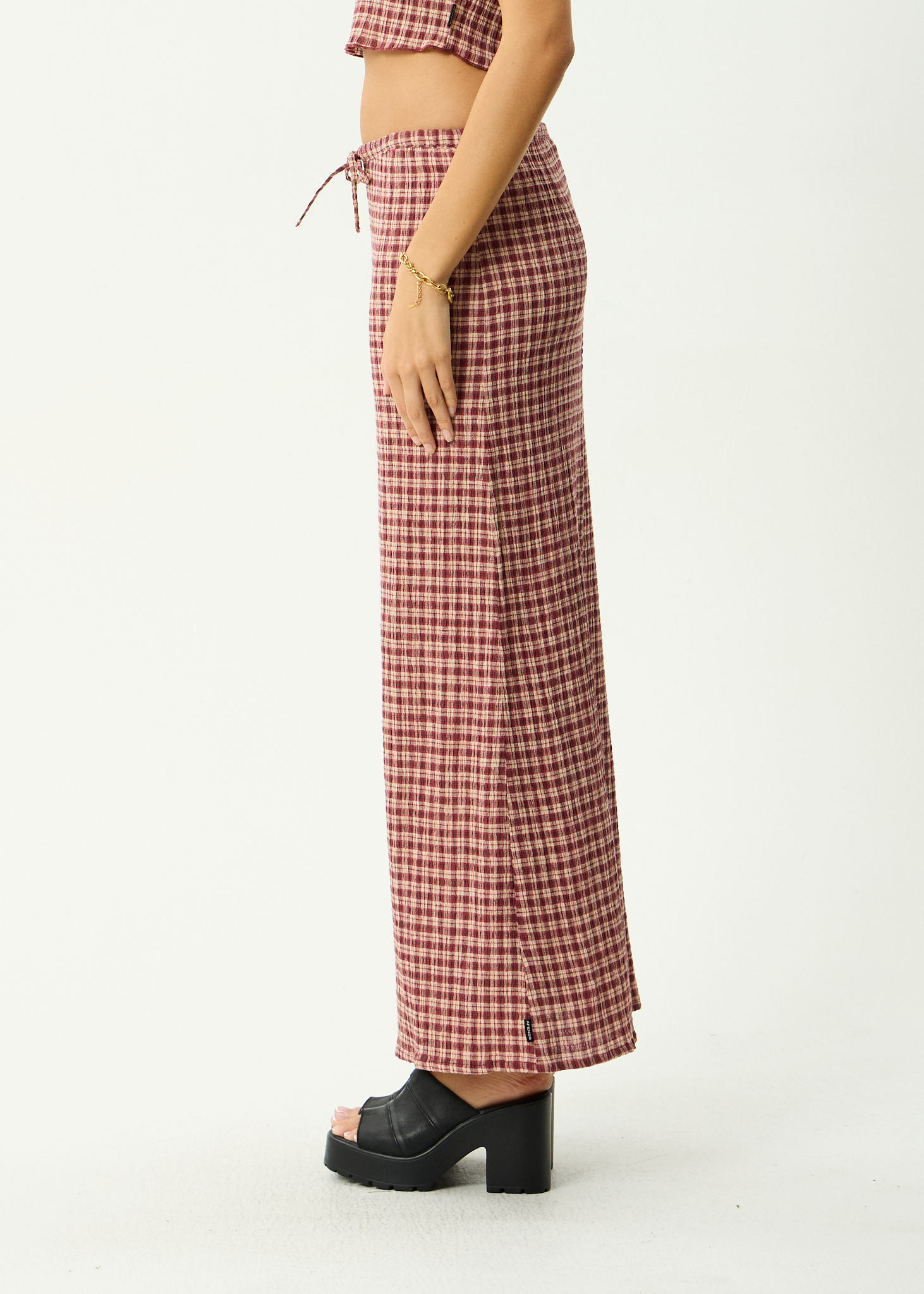 AFENDS Womens Capricorn - Hemp Seersucker Maxi Skirt - Burgundy / Beige Check