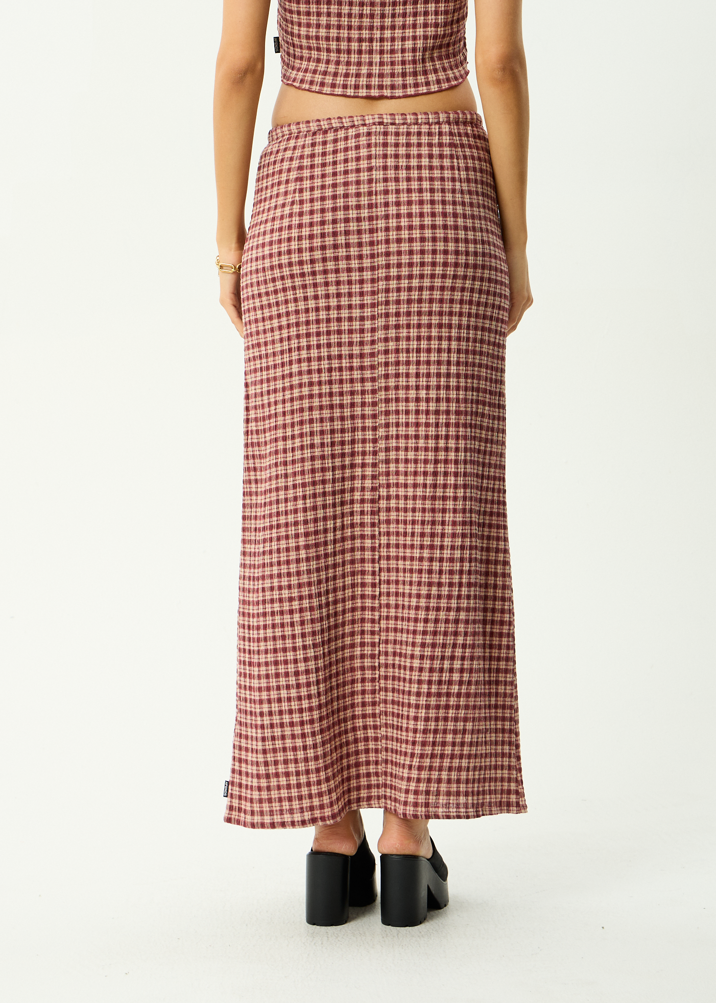 AFENDS Womens Capricorn - Hemp Seersucker Maxi Skirt - Burgundy / Beige Check