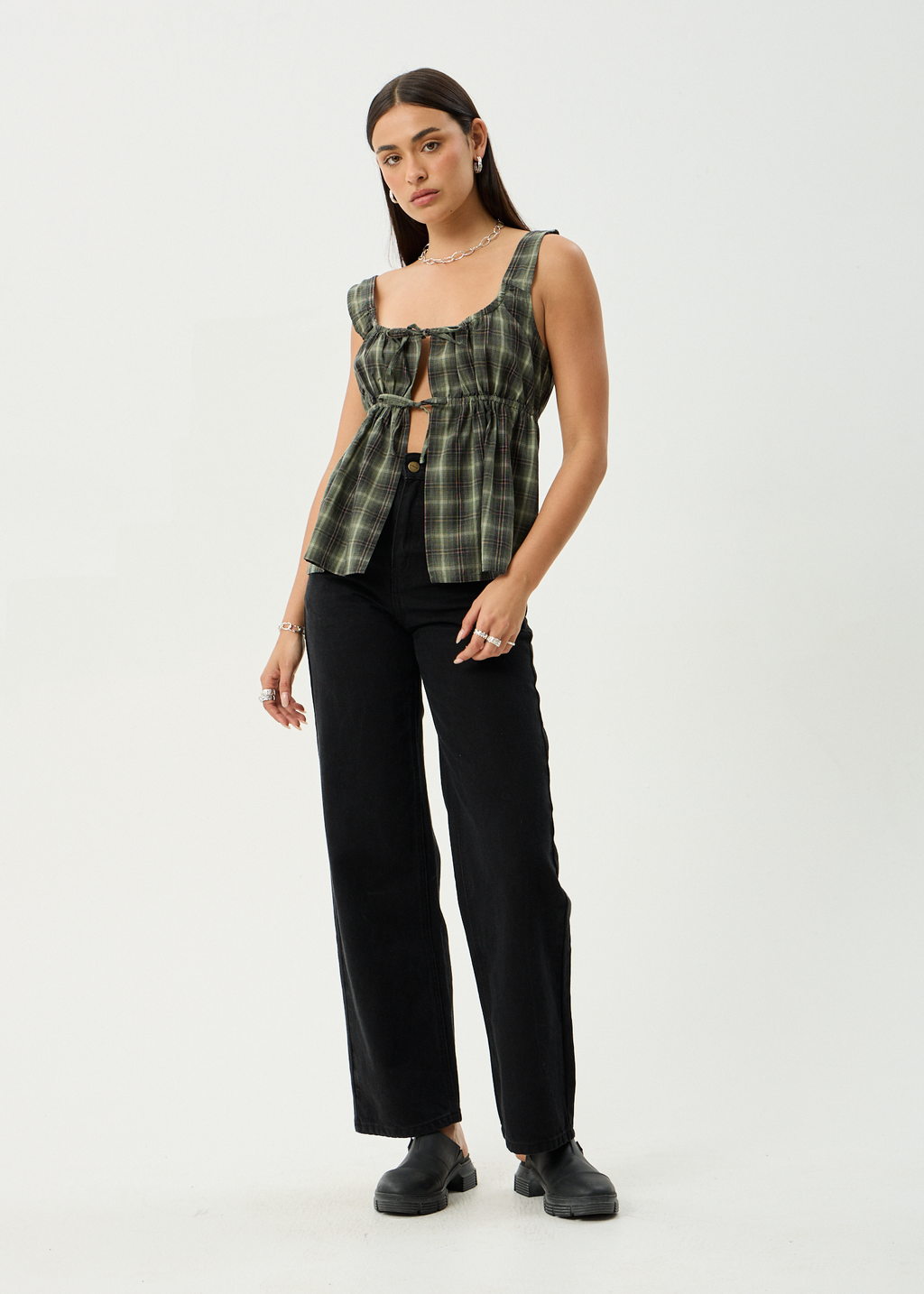 AFENDS Womens Jonah - Tie Top - Deep Olive Check