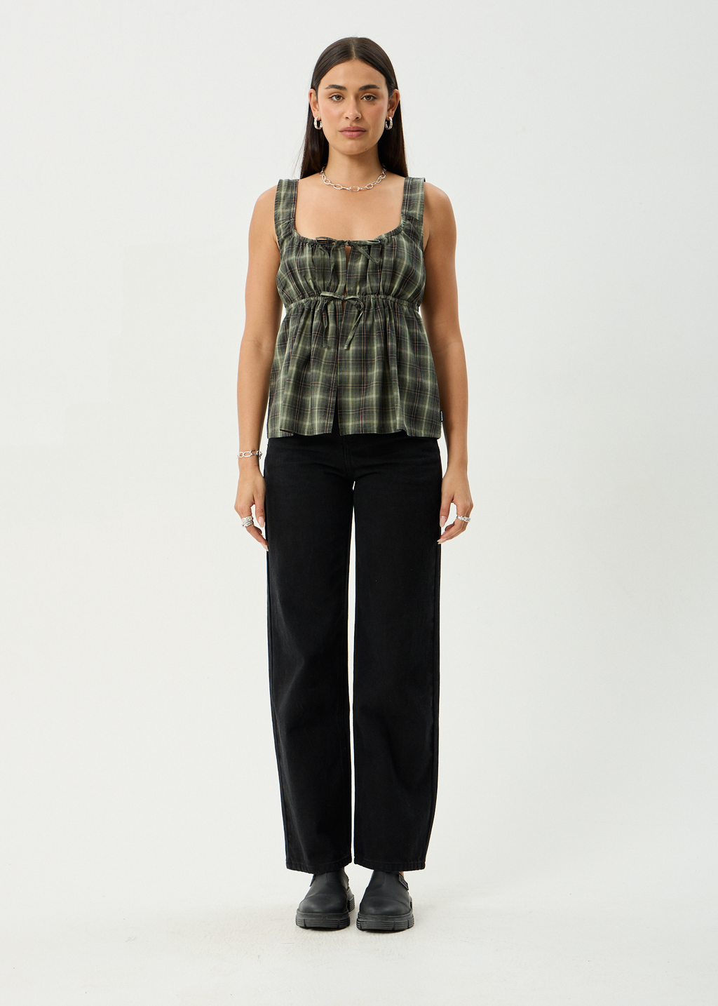 AFENDS Womens Jonah - Tie Top - Deep Olive Check