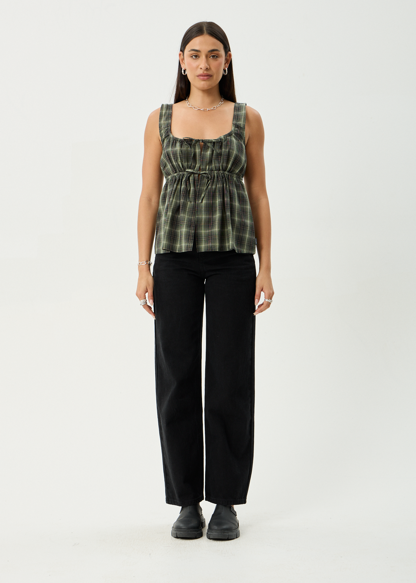 AFENDS Womens Jonah - Tie Top - Deep Olive Check