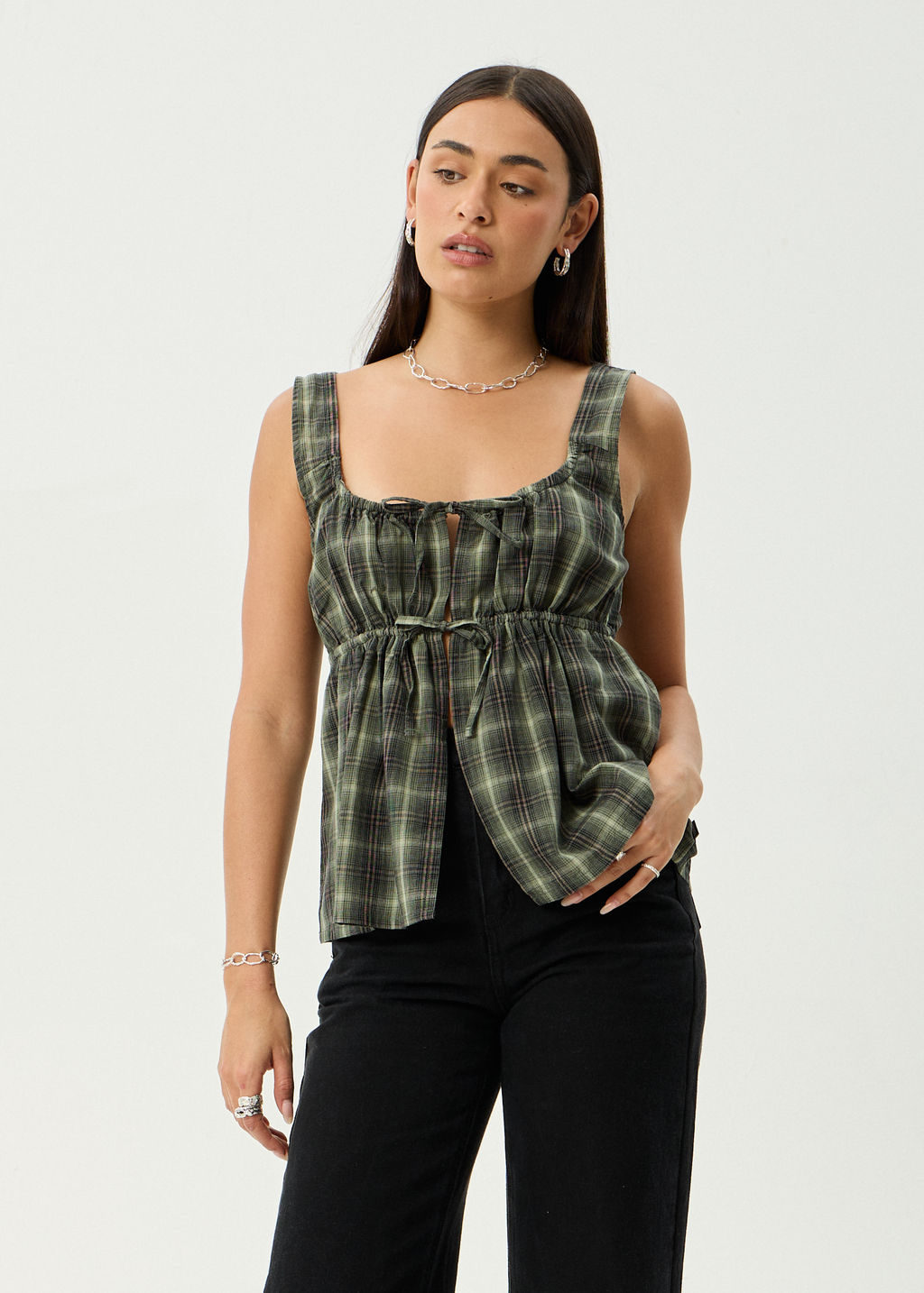 AFENDS Womens Jonah - Tie Top - Deep Olive Check
