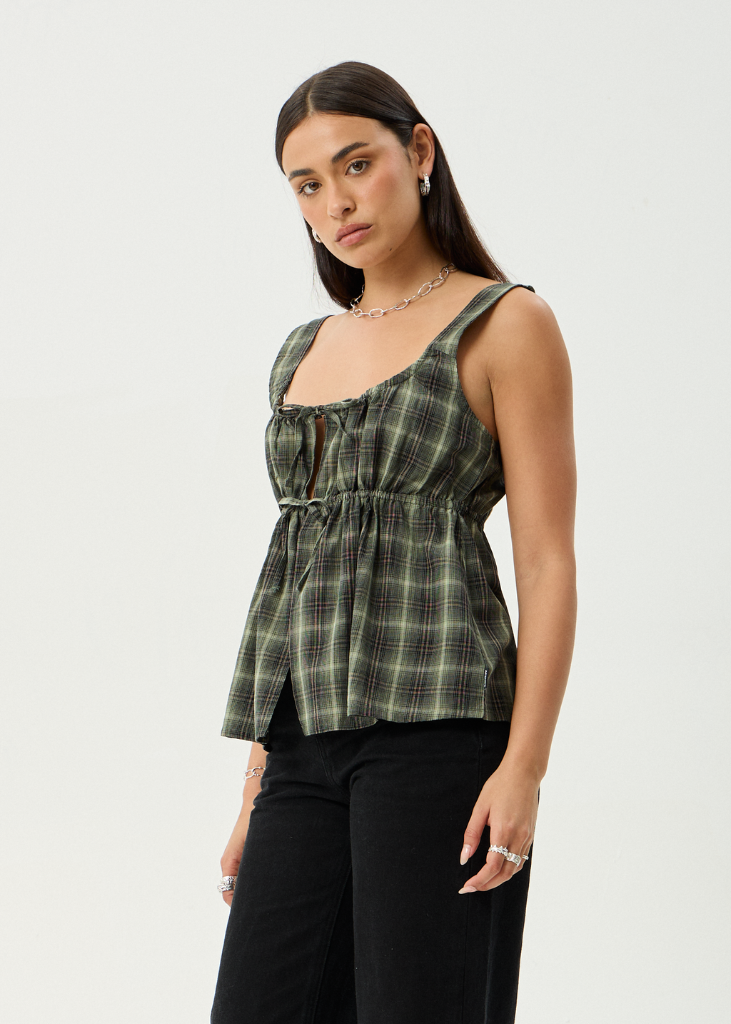 AFENDS Womens Jonah - Tie Top - Deep Olive Check