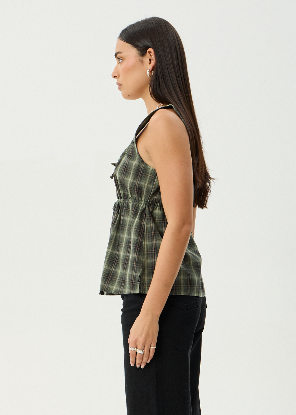 AFENDS Womens Jonah - Tie Top - Deep Olive Check