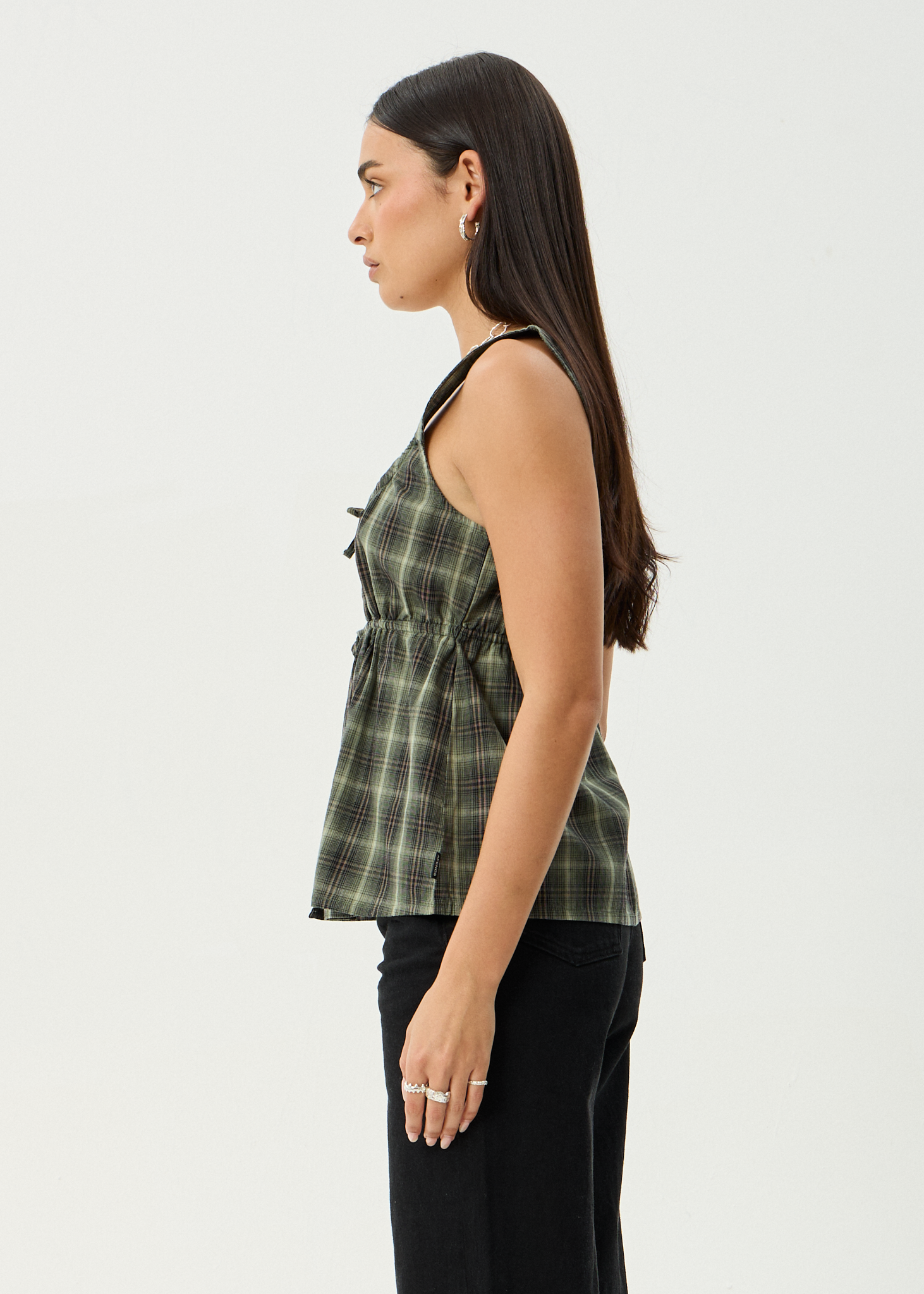 AFENDS Womens Jonah - Tie Top - Deep Olive Check