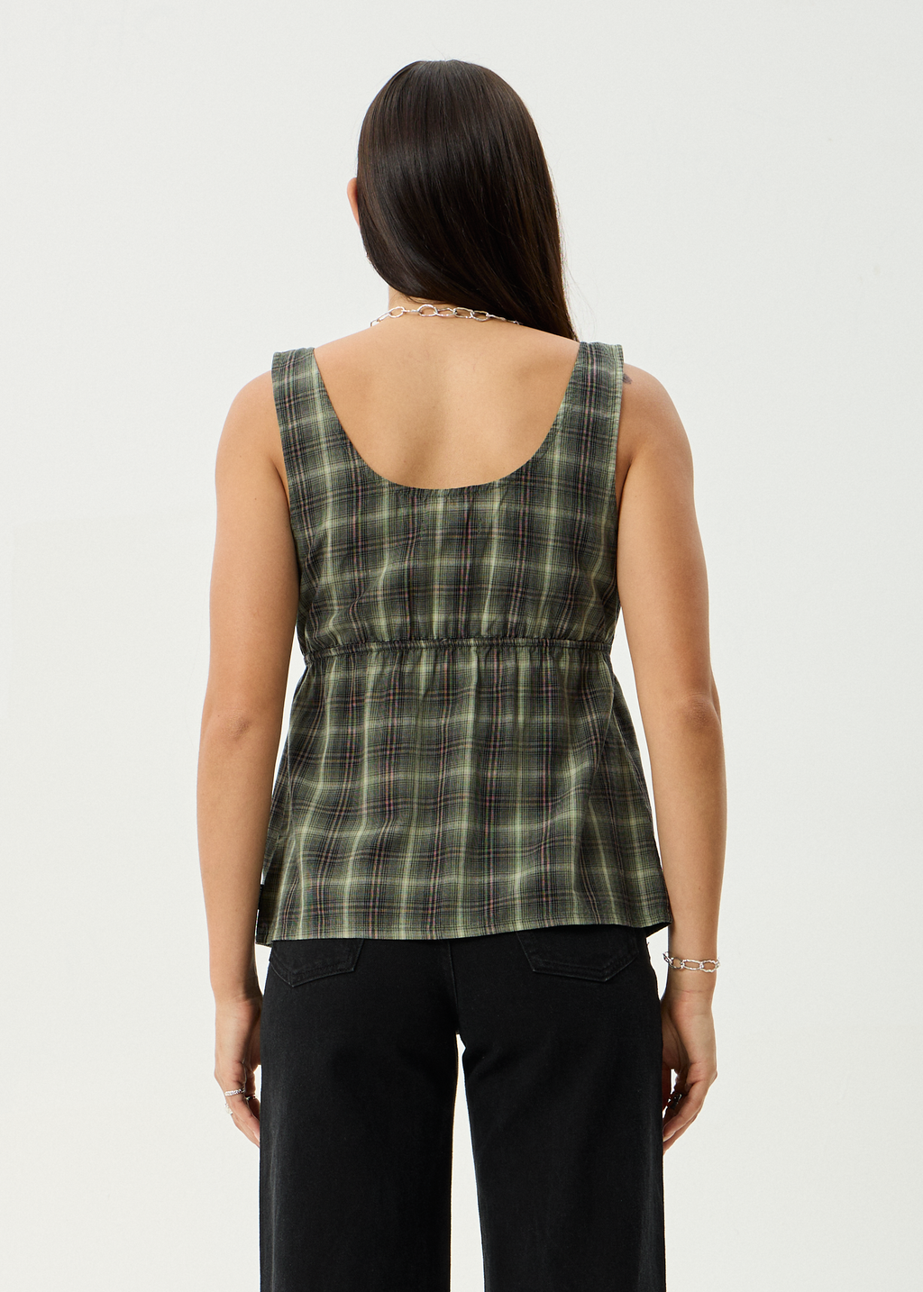 AFENDS Womens Jonah - Tie Top - Deep Olive Check