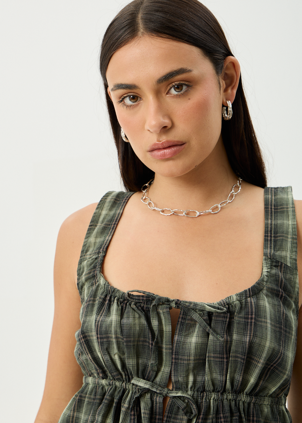 AFENDS Womens Jonah - Tie Top - Deep Olive Check