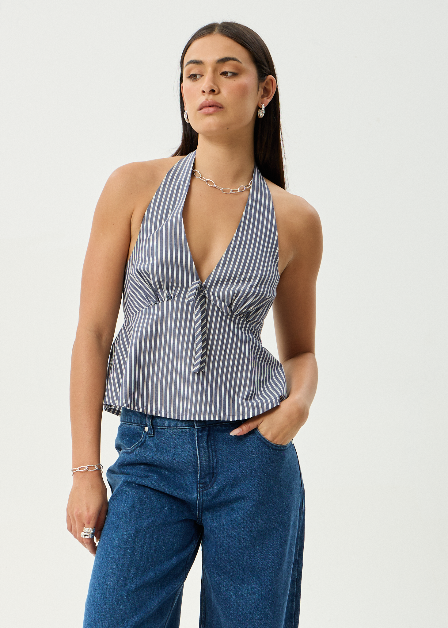 AFENDS Womens Delta - Halter Top - Navy Stripe