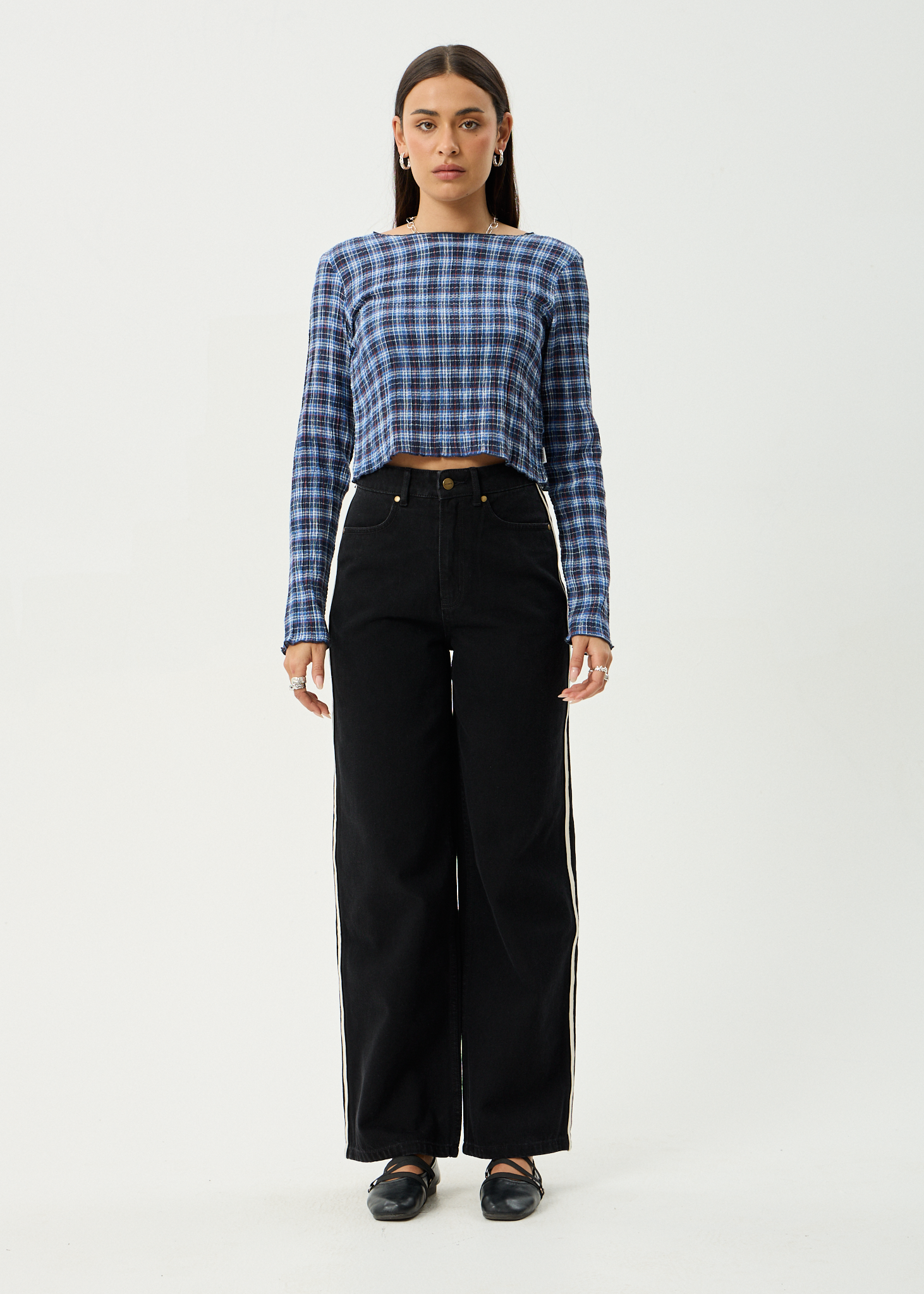 AFENDS Womens Mountains - Seersucker Long Sleeve Top - Navy Red Check