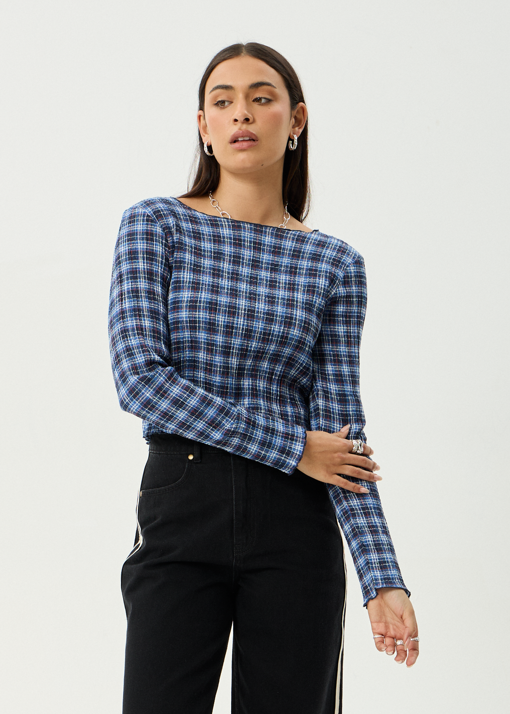 AFENDS Womens Mountains - Seersucker Long Sleeve Top - Navy Red Check