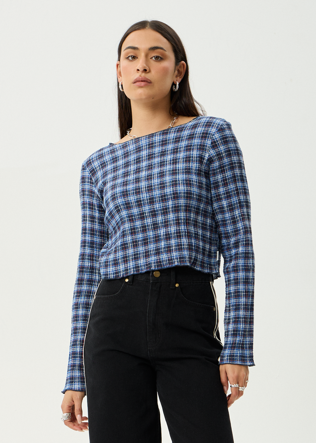 AFENDS Womens Mountains - Seersucker Long Sleeve Top - Navy Red Check