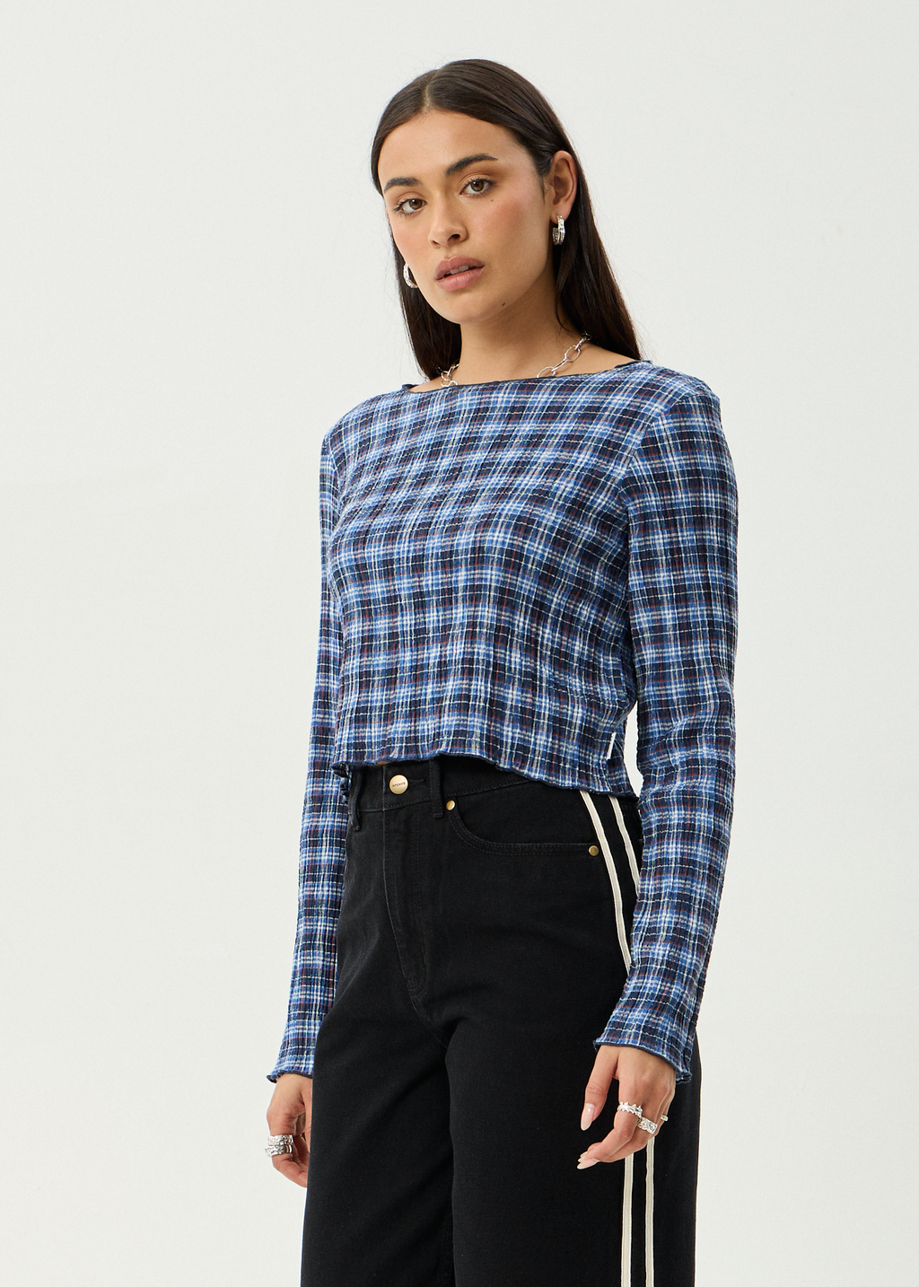 AFENDS Womens Mountains - Seersucker Long Sleeve Top - Navy Red Check