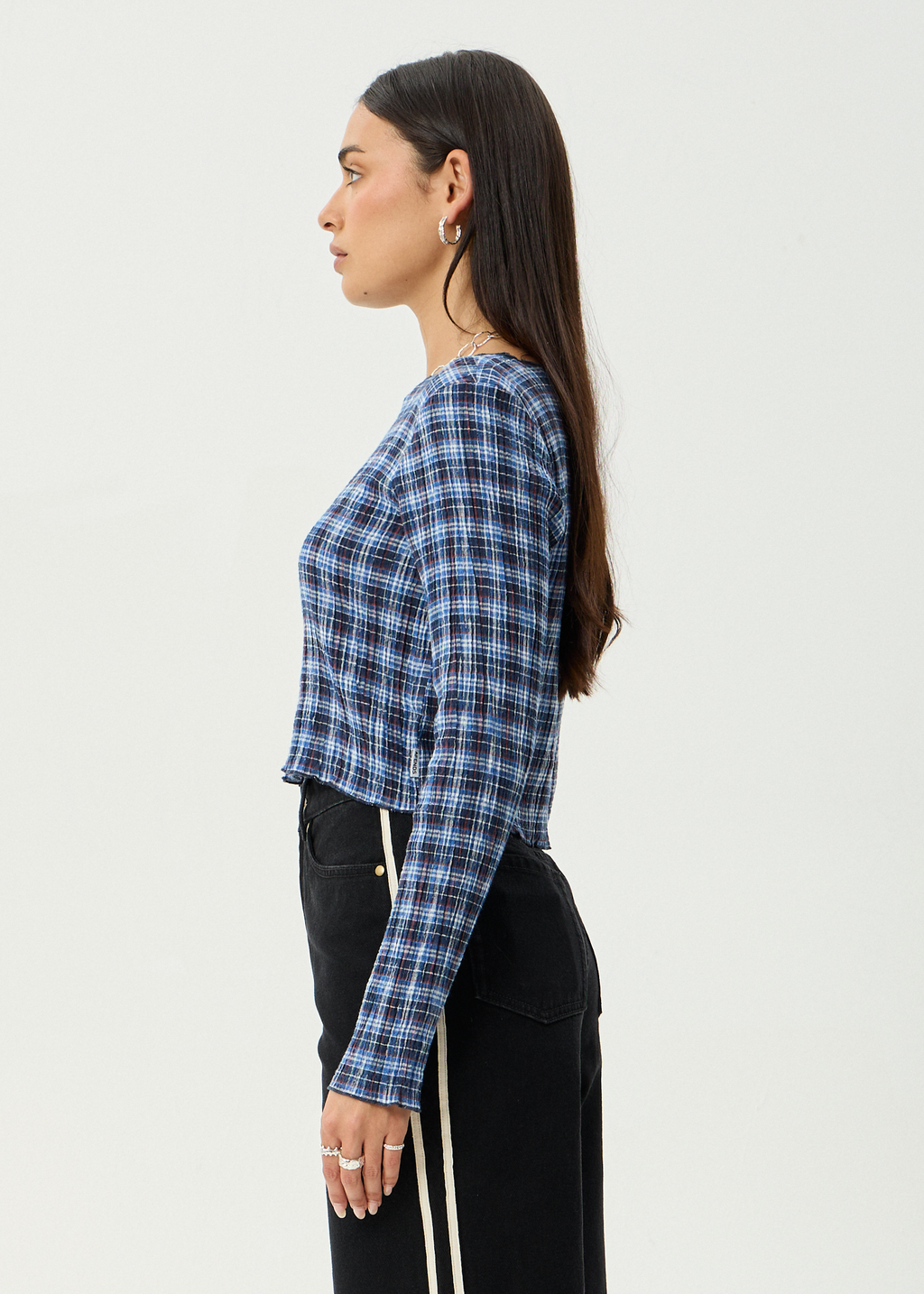 AFENDS Womens Mountains - Seersucker Long Sleeve Top - Navy Red Check
