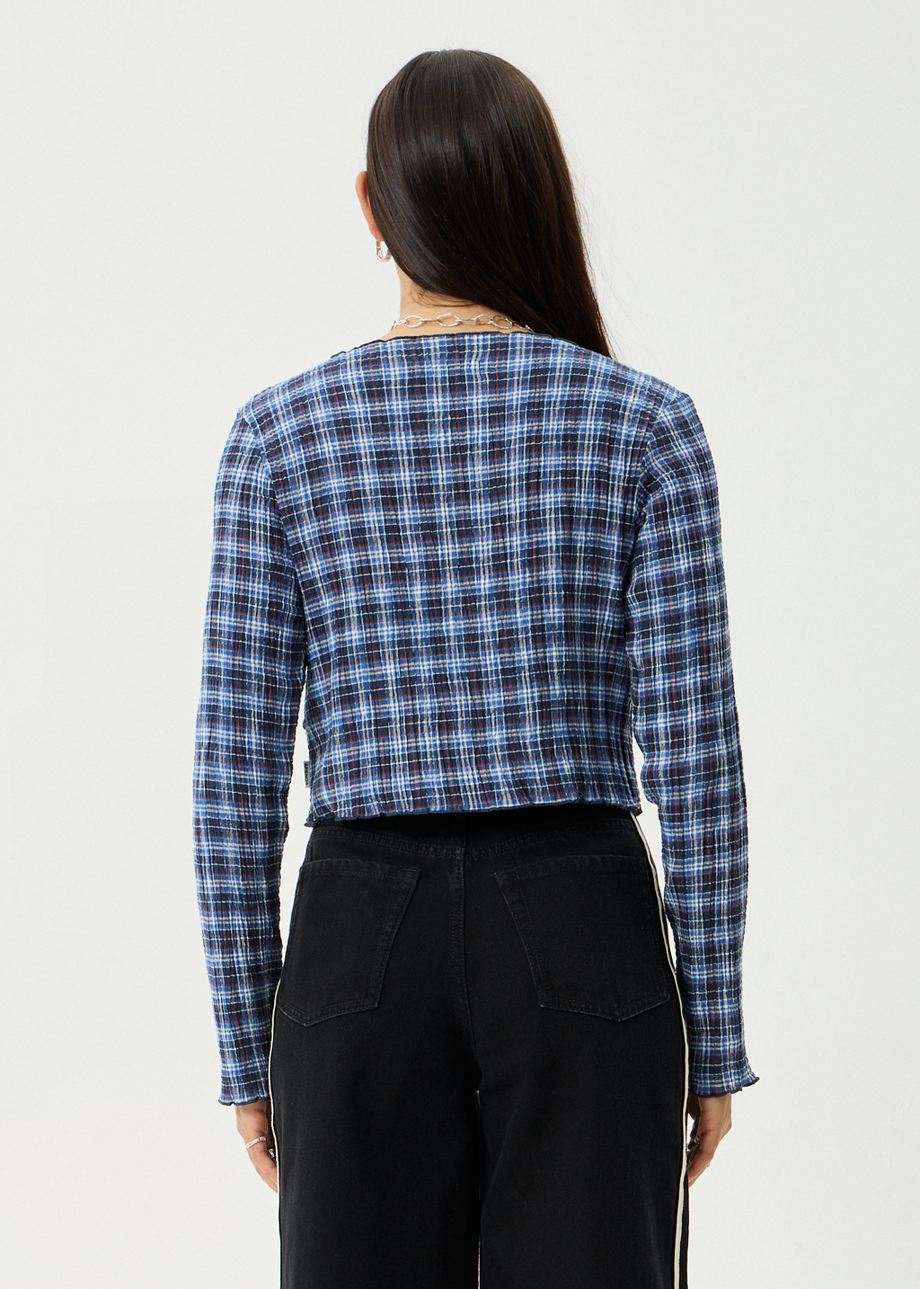 AFENDS Womens Mountains - Seersucker Long Sleeve Top - Navy Red Check