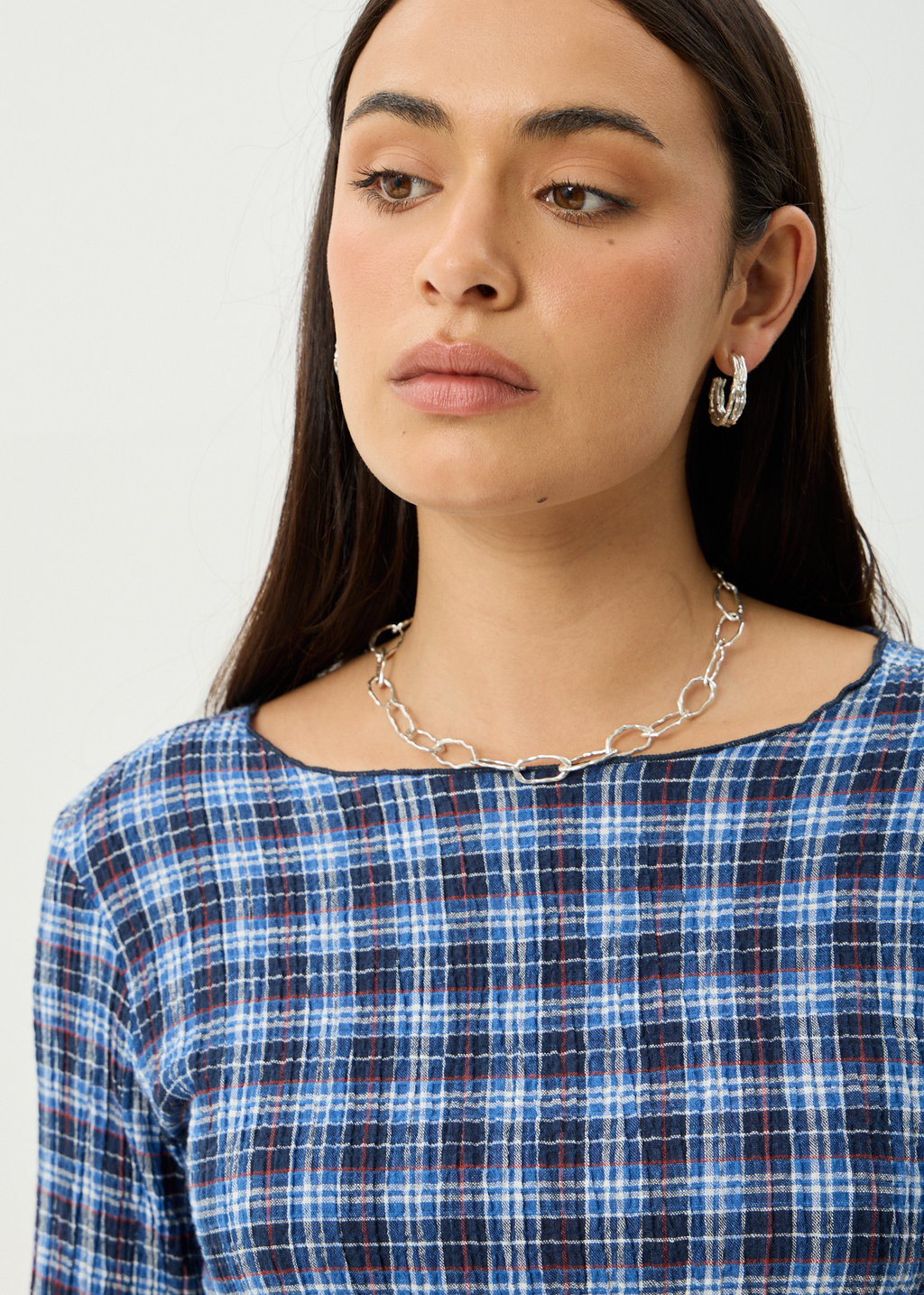 AFENDS Womens Mountains - Seersucker Long Sleeve Top - Navy Red Check